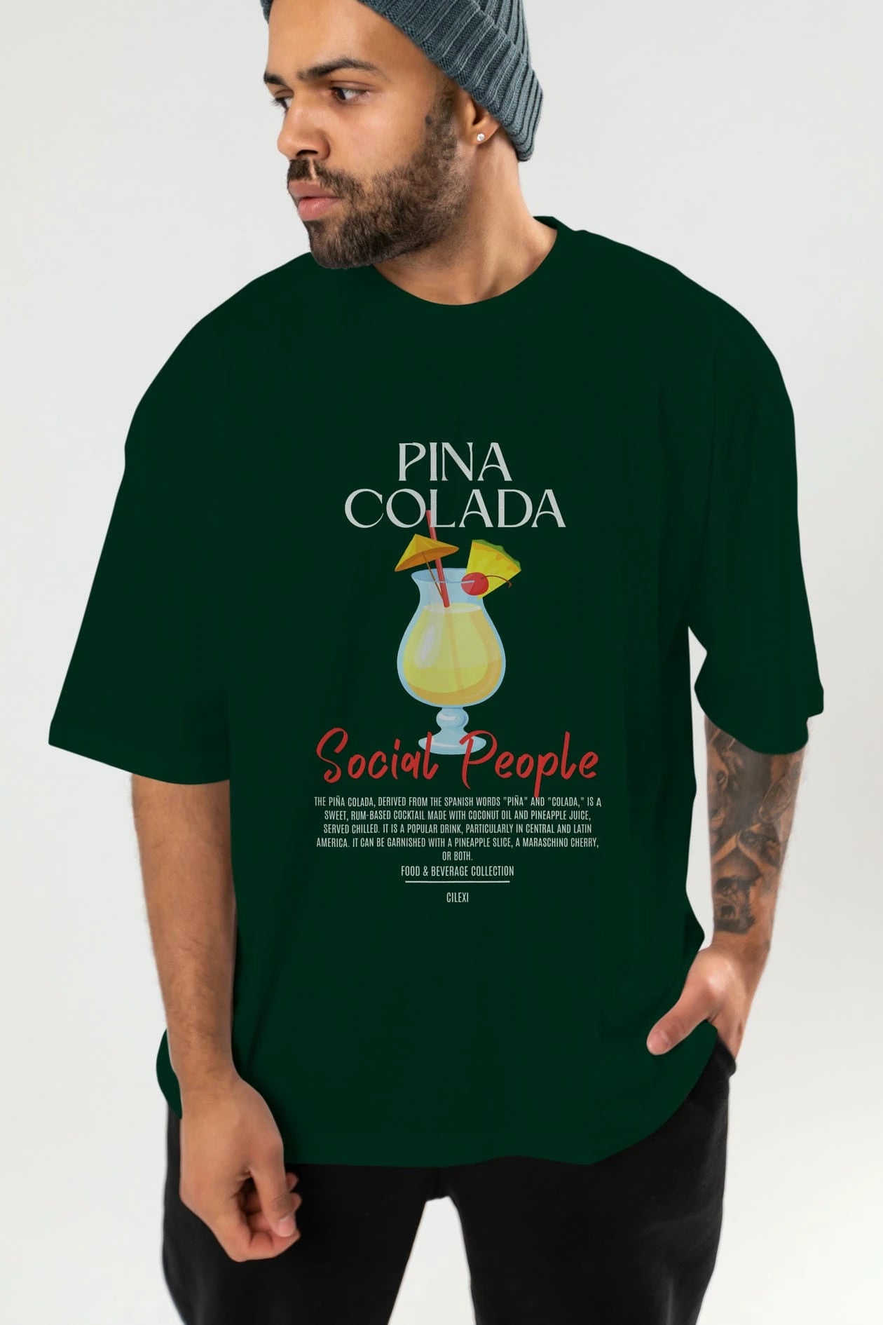 Pına Colada Kokteyl Serisi ön Baskılı Oversize t-shirt Erkek Kadın %100 Pamuk Bisiklet Yaka tişort