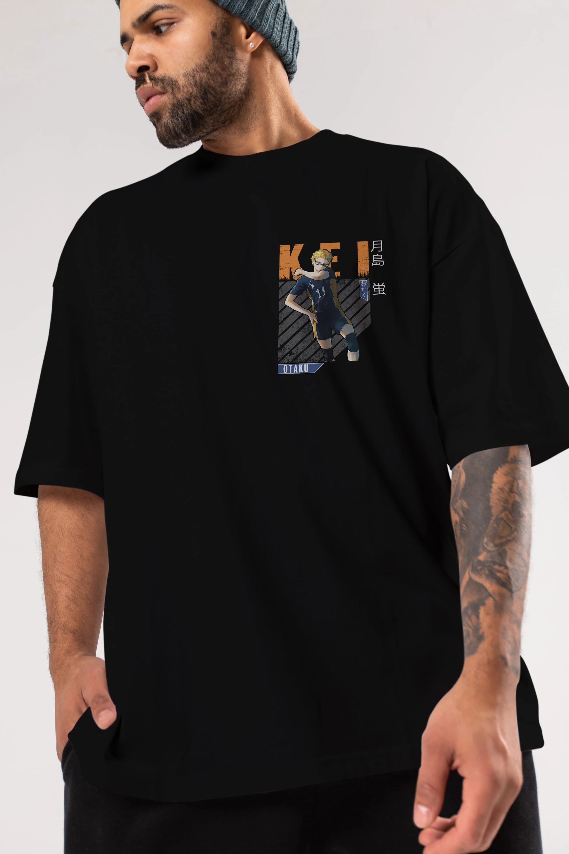 Kei Tsukishima 2 Ön Sol Baskılı Oversize t-shirt Erkek Kadın Unisex %100 Pamuk Bisiklet Yaka tişort
