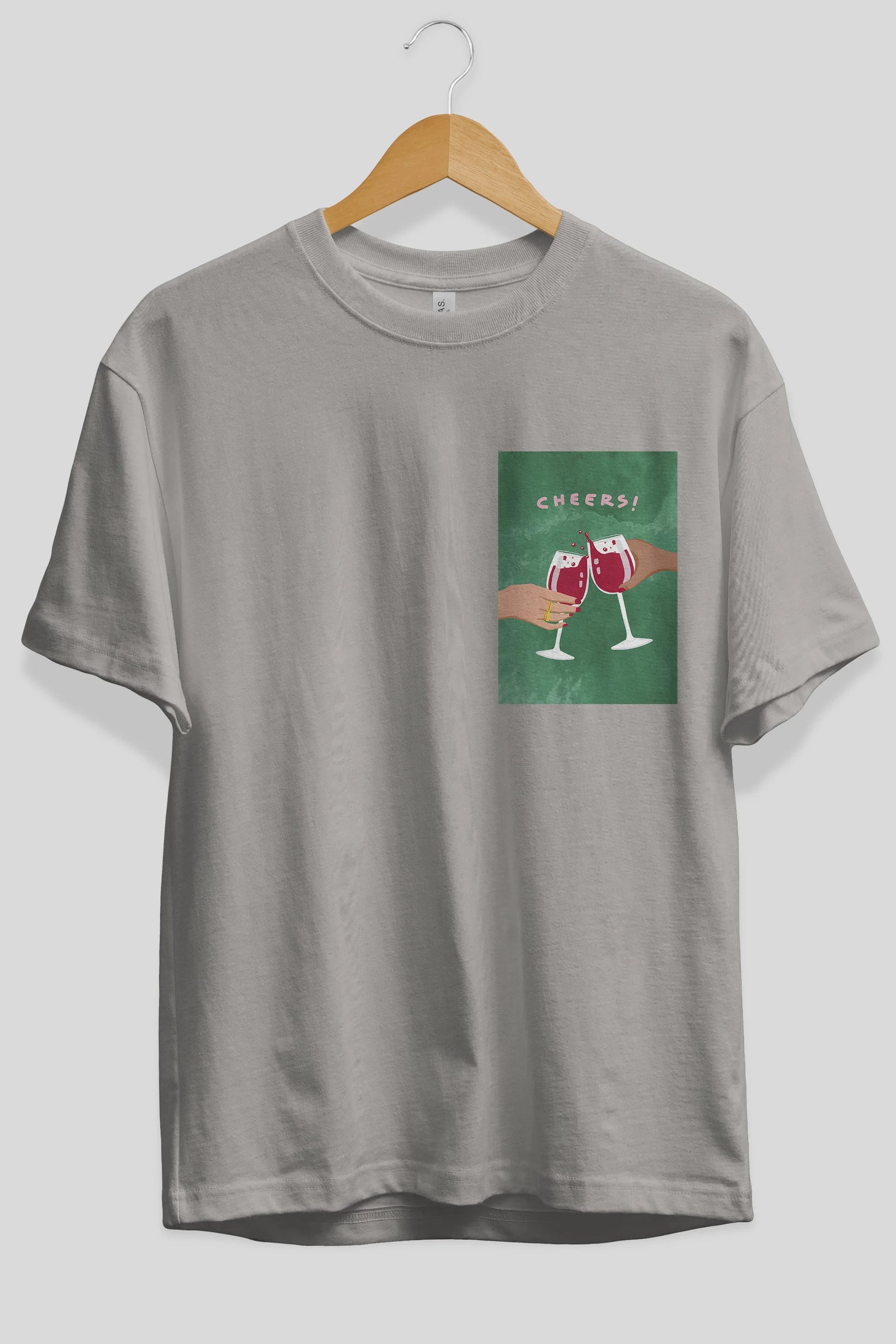 Cheers Ön Sol Baskılı Oversize t-shirt Erkek Kadın Unisex %100 Pamuk Bisiklet Yaka tişort