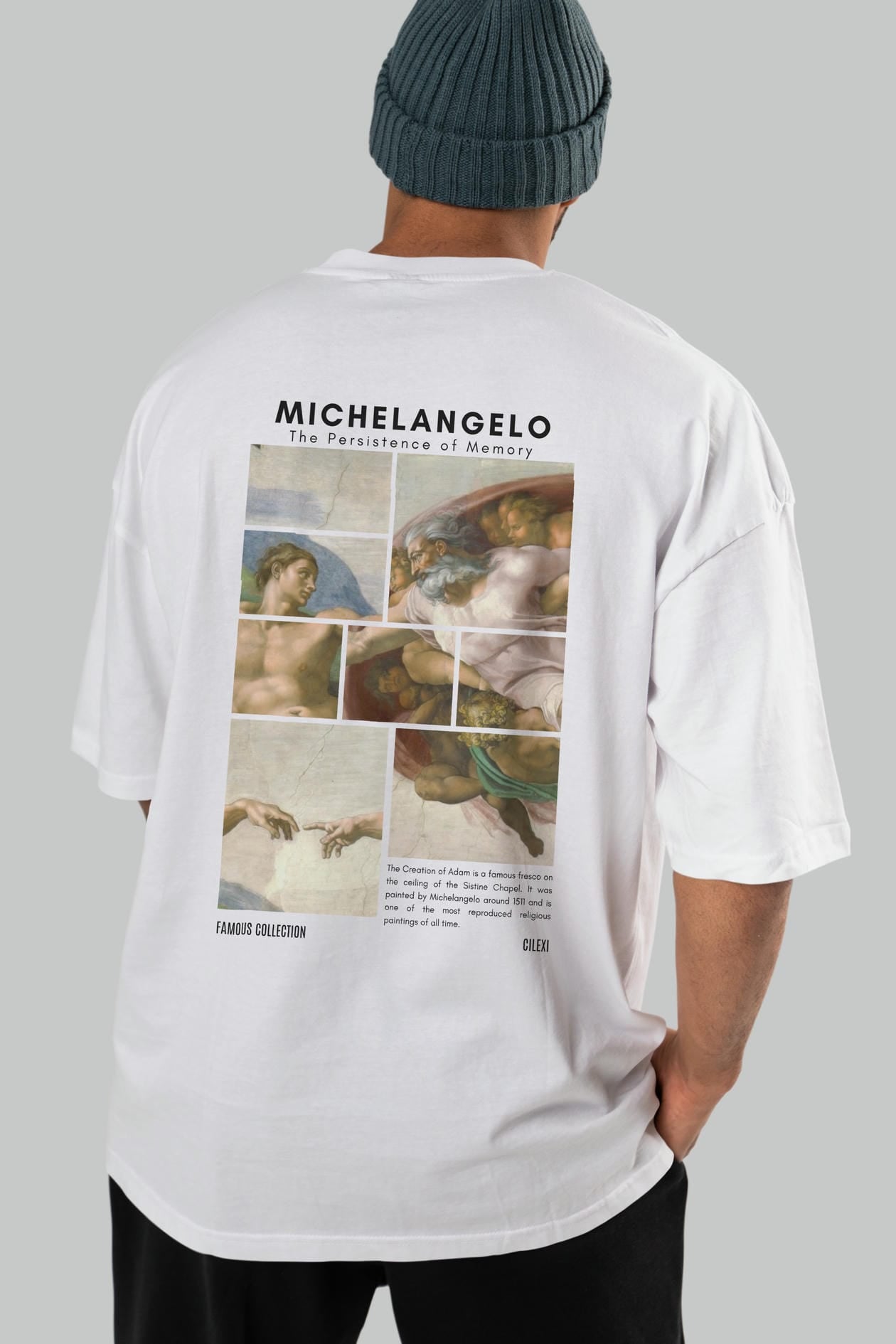 Michelangelo Arka Baskılı Oversize t-shirt Erkek Kadın Bisiklet Yaka Pamuk tişort