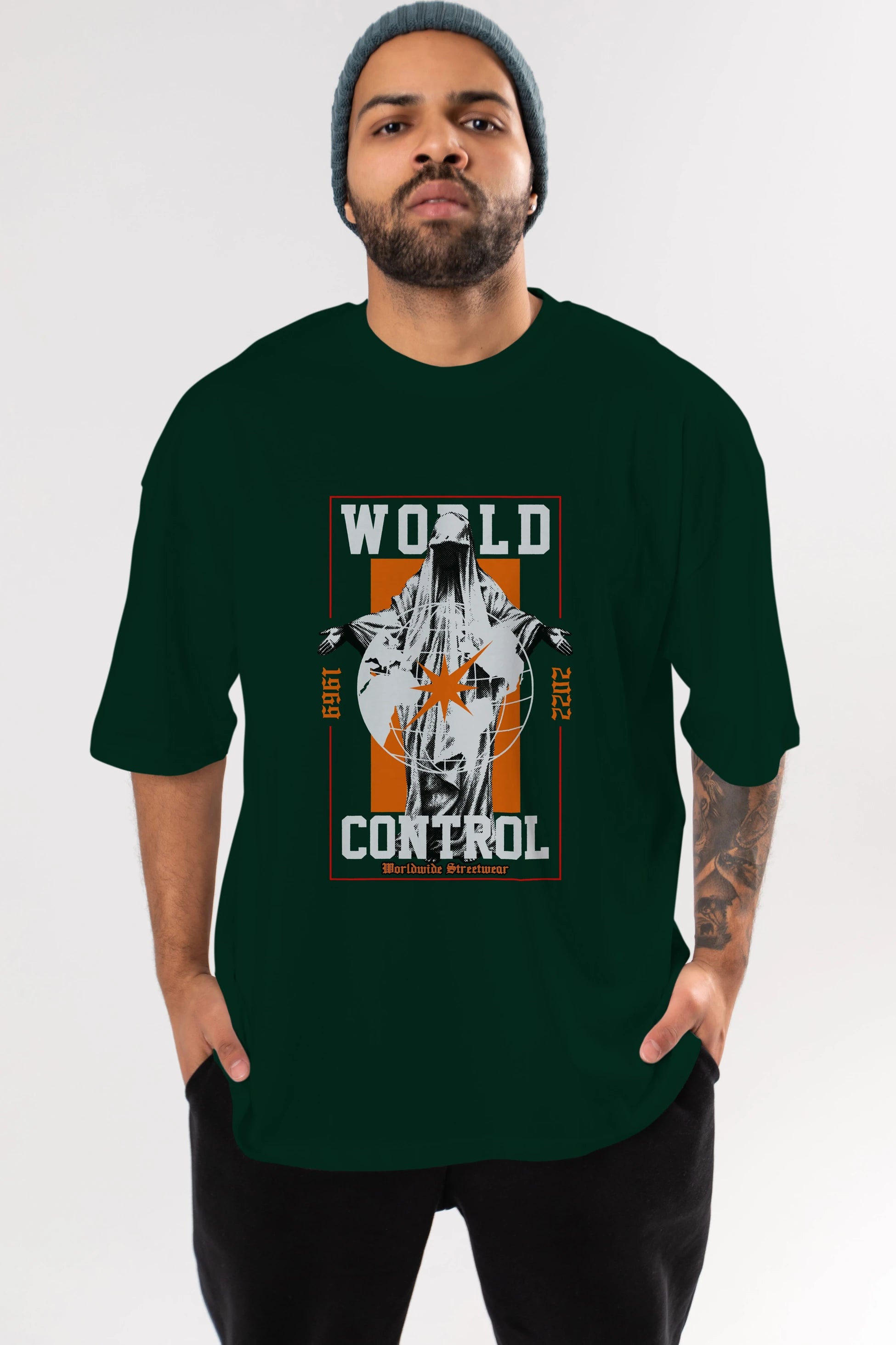 World Control Ön Baskılı Oversize t-shirt Erkek Kadın Unisex