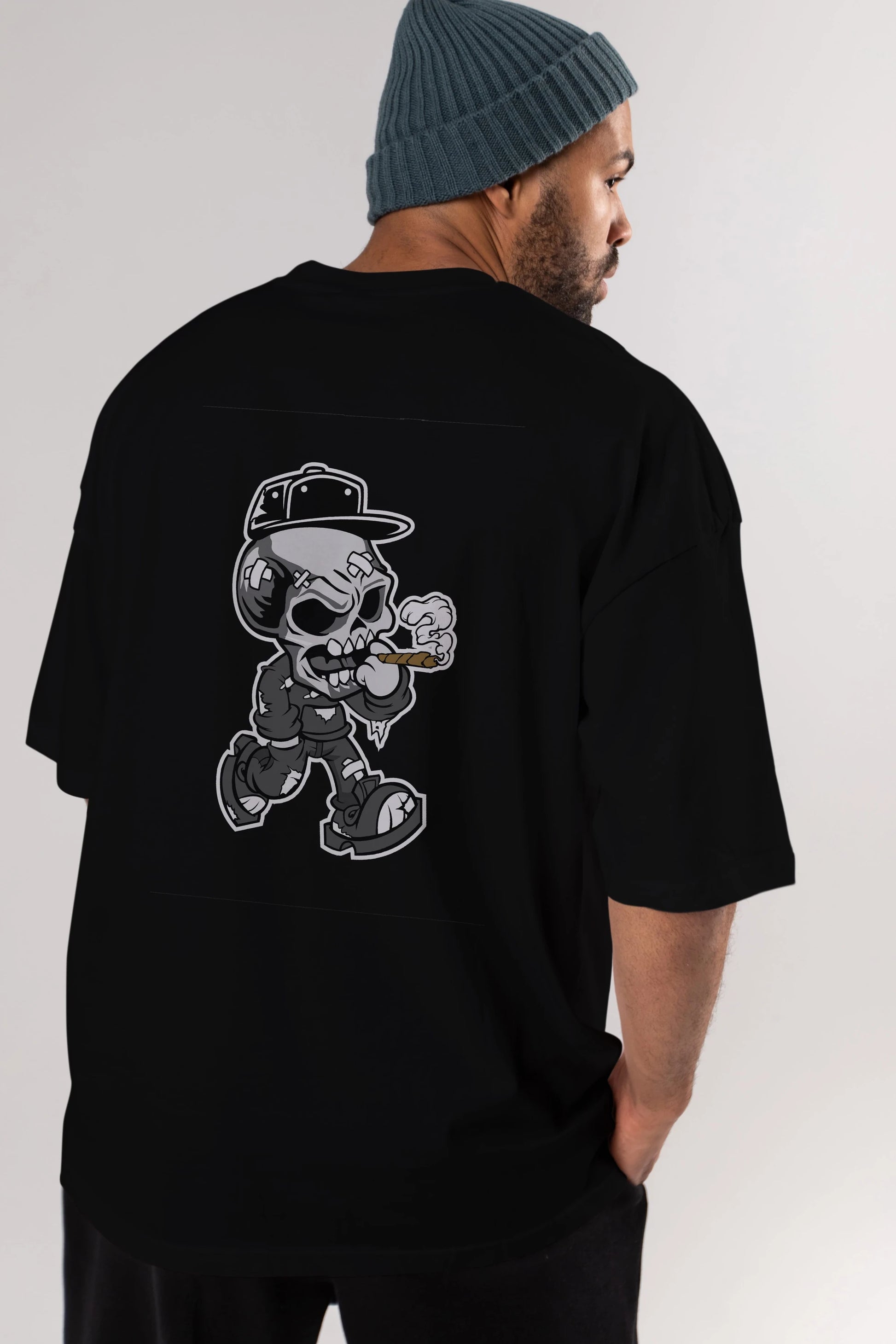 Skull Smoker Arka Baskılı Oversize t-shirt Erkek Kadın Unisex %100 Pamuk tişort