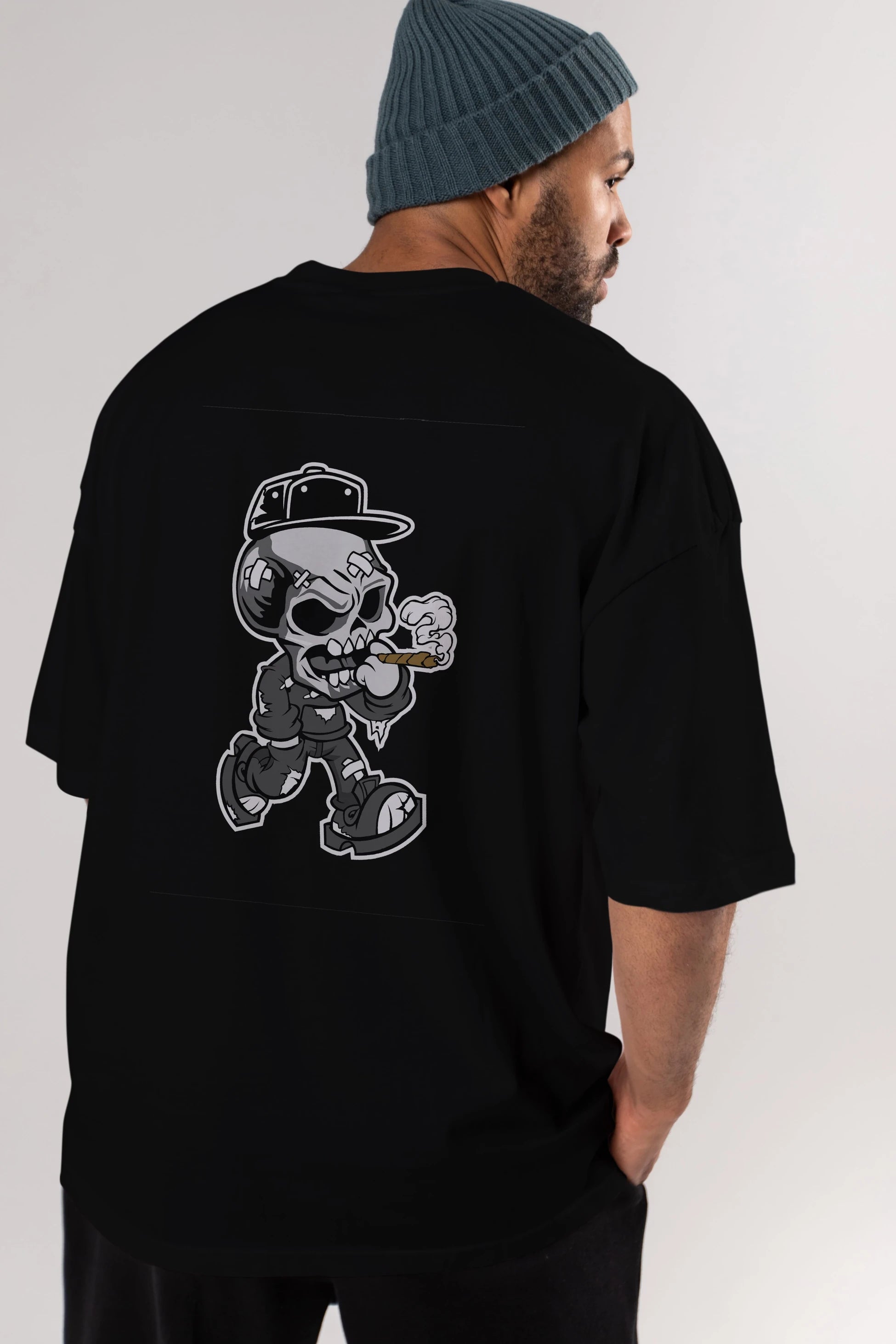 Skull Smoker Arka Baskılı Oversize t-shirt Erkek Kadın Unisex %100 Pamuk tişort