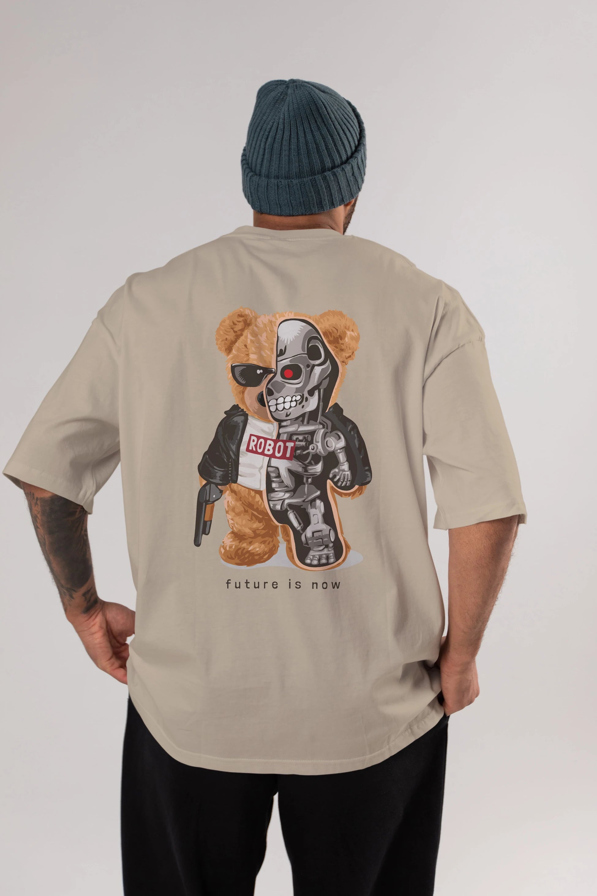 Teddy Bear Robot Arka Baskılı Oversize t-shirt Erkek Kadın Unisex %100 Pamuk