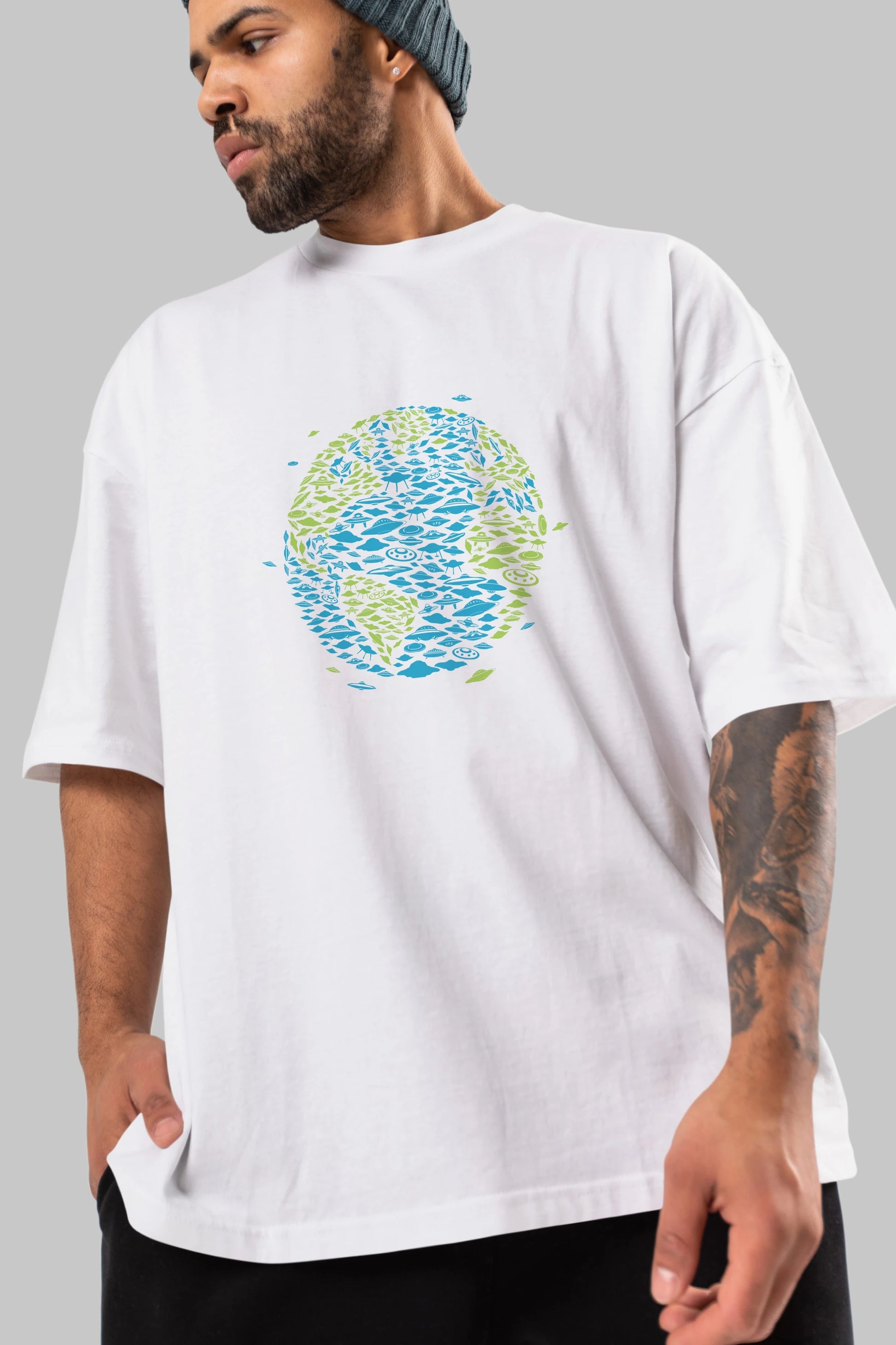 UFO Invasion Ön Baskılı Oversize t-shirt %100 pamuk Erkek Kadın Unisex