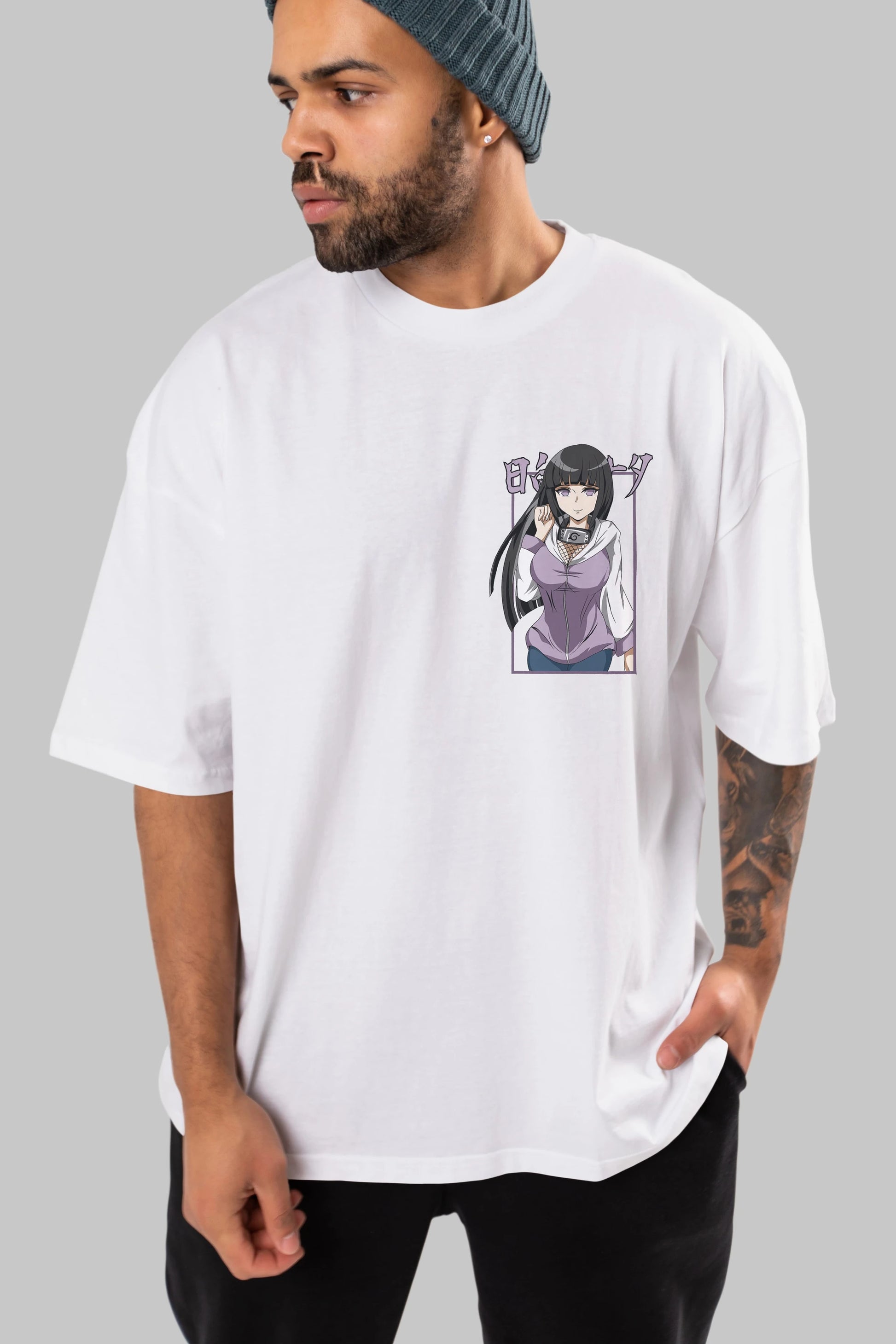 Hinata NARUTO Ön Sol Baskılı Oversize t-shirt Erkek Kadın Unisex %100 Pamuk Bisiklet Yaka tişort