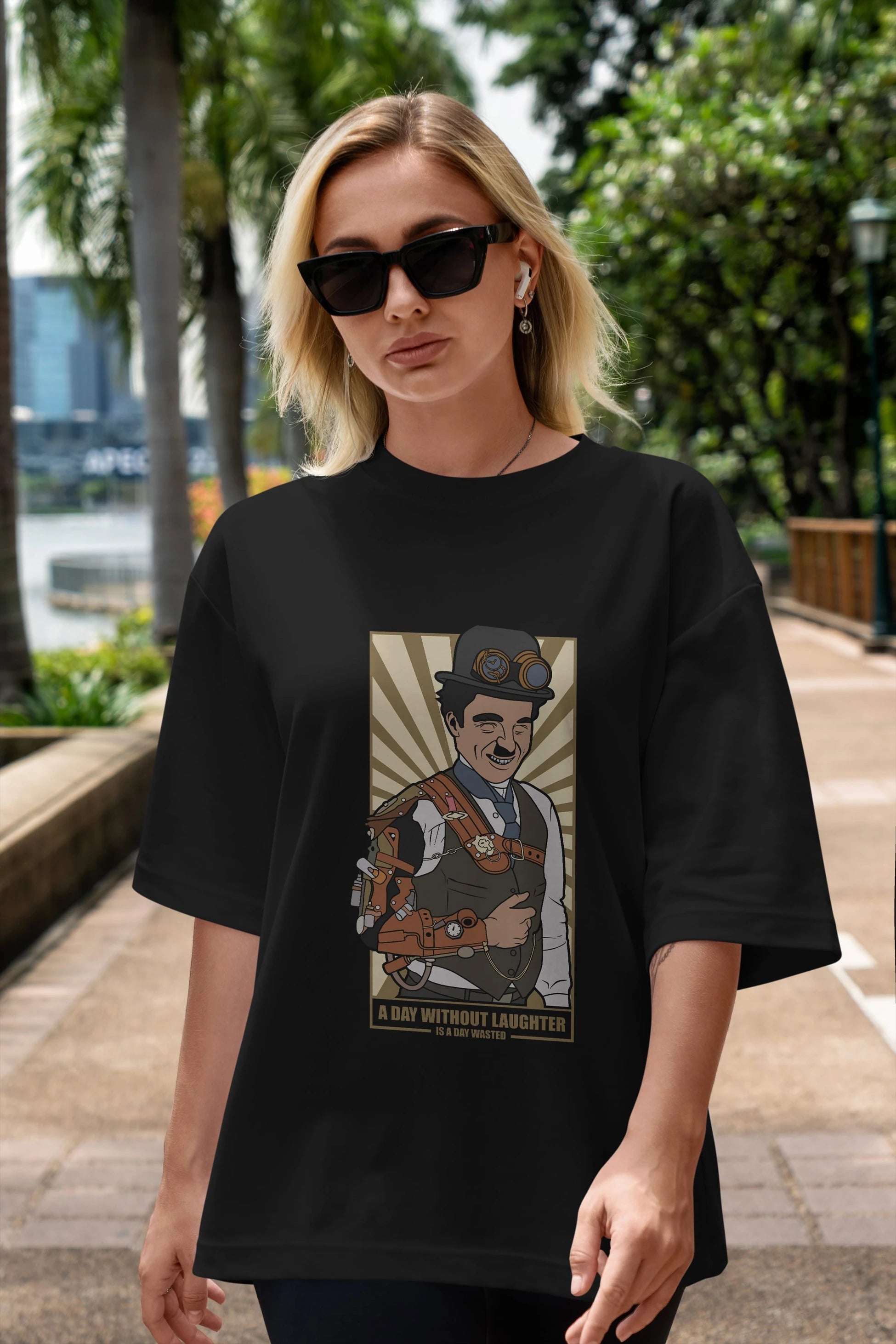 Steampunk Chaplin Ön Baskılı Oversize t-shirt Erkek Kadın Unisex %100 Pamuk tişort