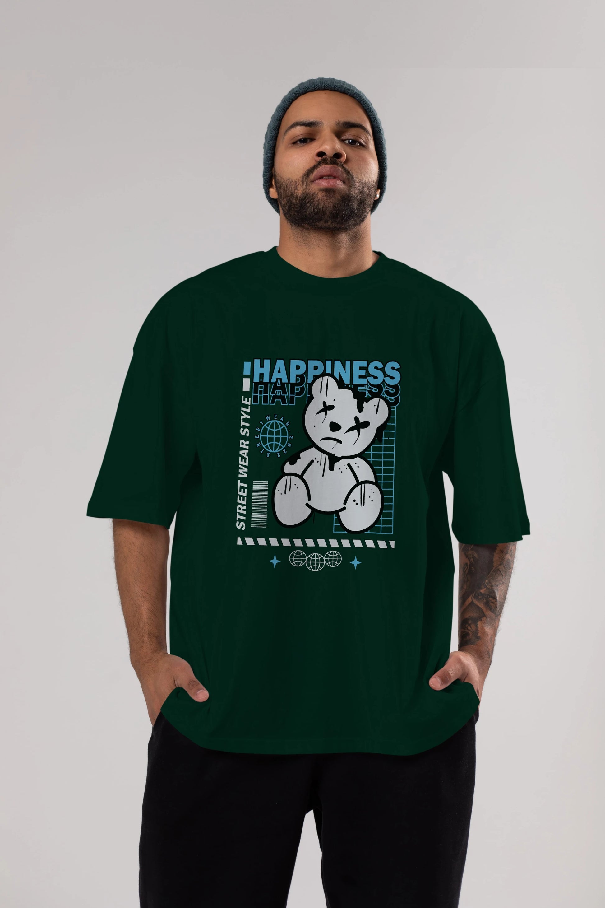 Happiness Bear 2 Ön Baskılı Oversize t-shirt Erkek Kadın Unisex
