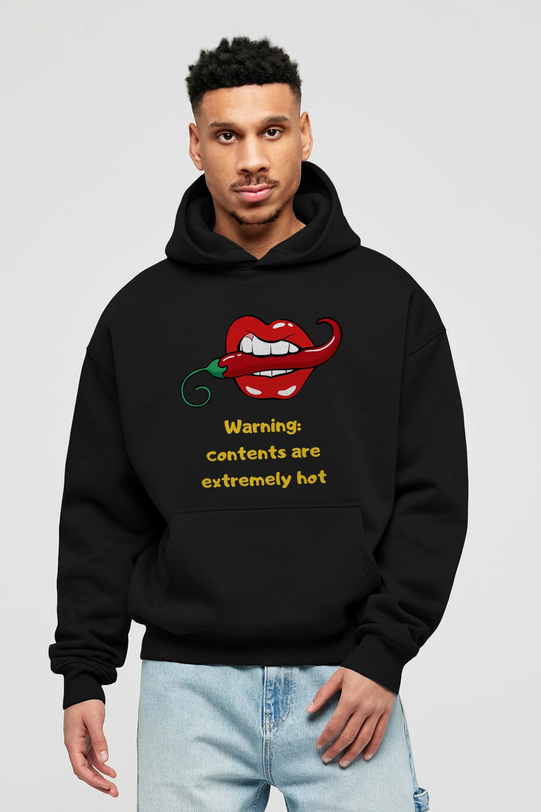 Warning Contents Yazılı Ön Baskılı Oversize Hoodie Kapüşonlu Sweatshirt Erkek Kadın Unisex