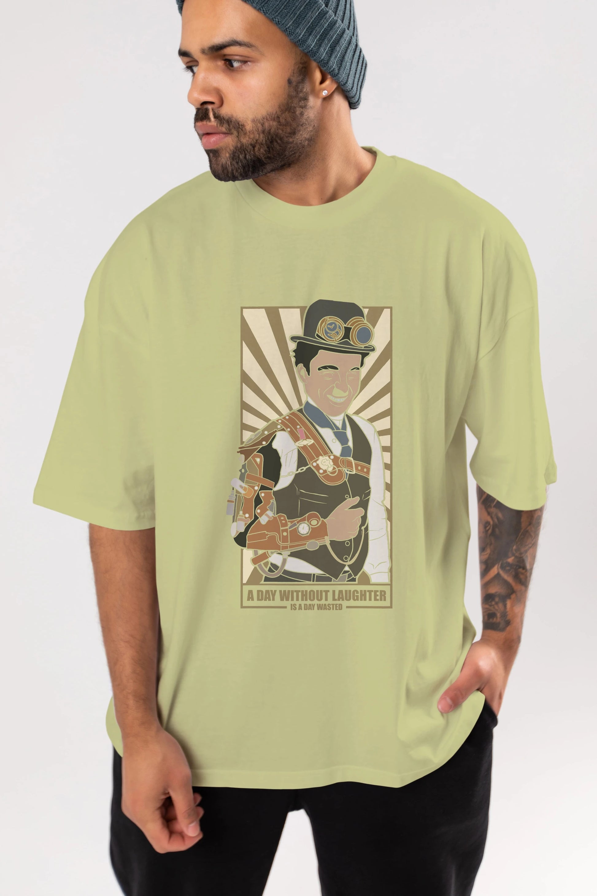 Steampunk Chaplin Ön Baskılı Oversize t-shirt Erkek Kadın Unisex %100 Pamuk tişort