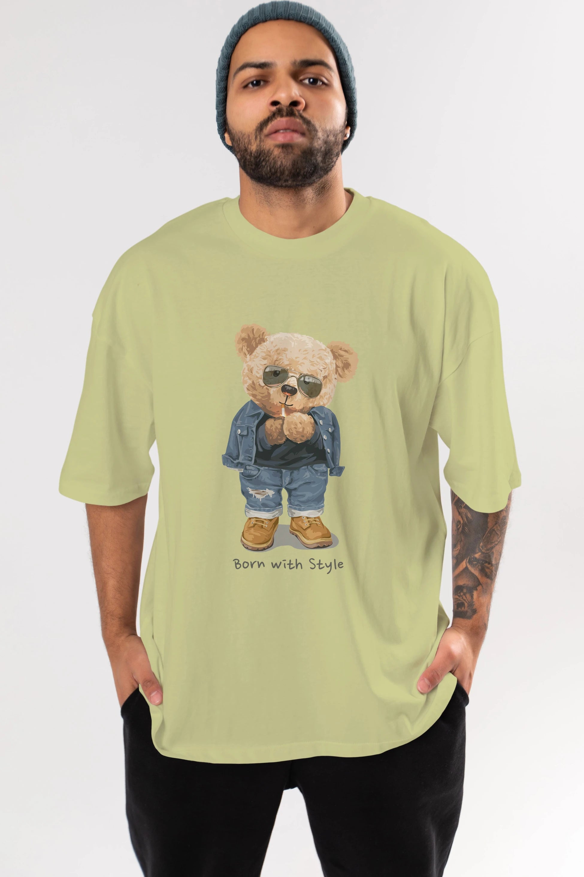 Teddy Bear Born With Style Ön Baskılı Oversize t-shirt Erkek Kadın Unisex %100 Pamuk