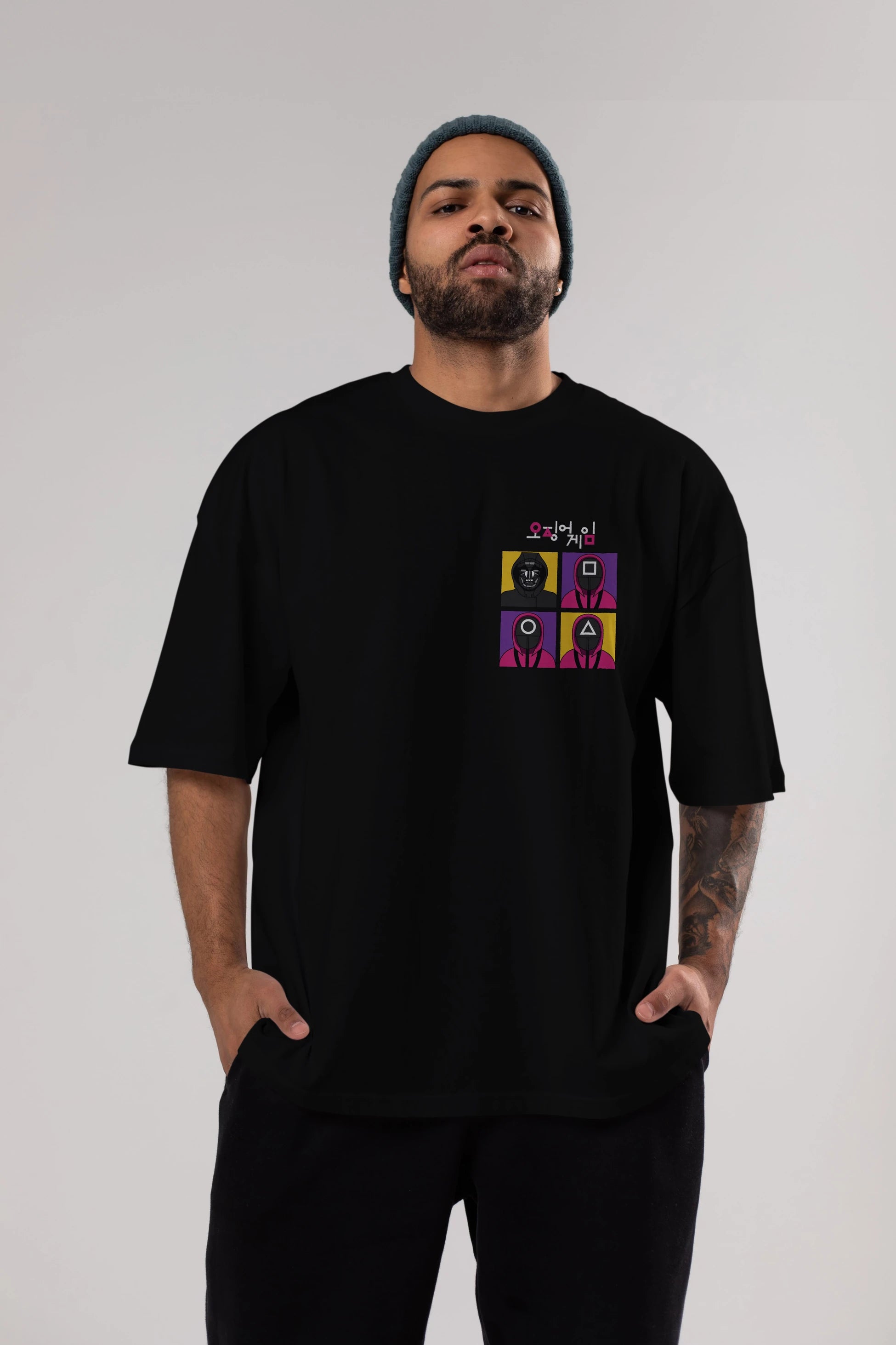 Squid Game (1) Ön Sol Baskılı Oversize t-shirt Erkek Kadın Unisex %100 Pamuk Bisiklet Yaka tişort