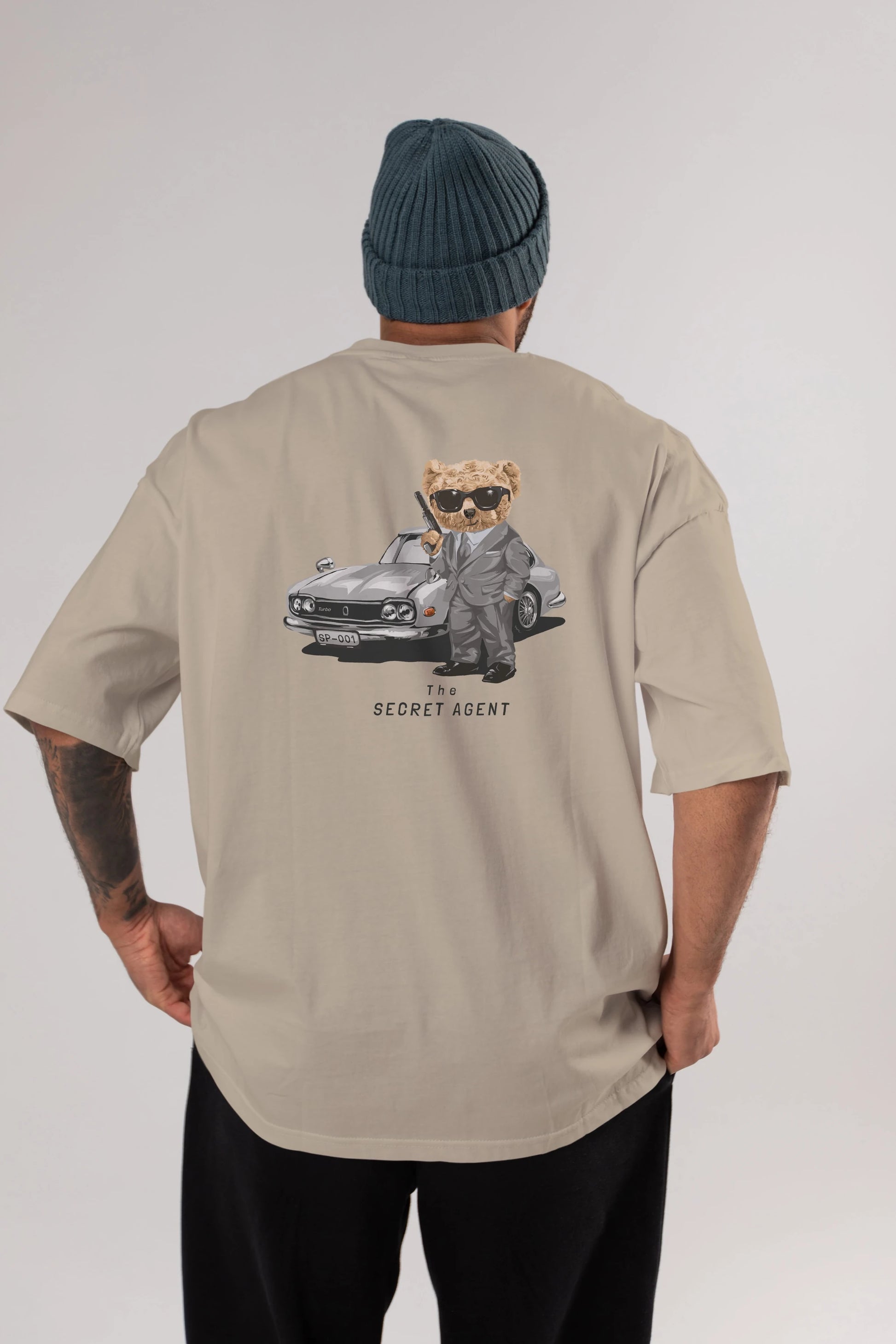 Teddy Bear The Secret Agent Arka Baskılı Oversize t-shirt Erkek Kadın Unisex %100 Pamuk