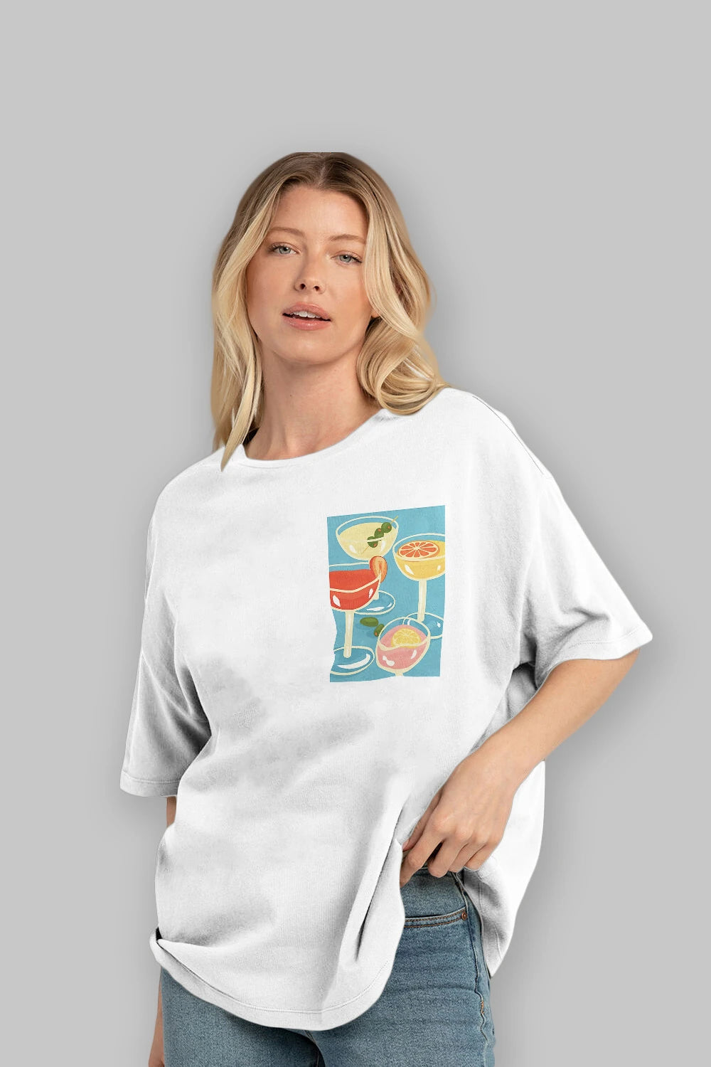 Cocktails Ön Sol Baskılı Oversize t-shirt Erkek Kadın Unisex %100 Pamuk Bisiklet Yaka tişort