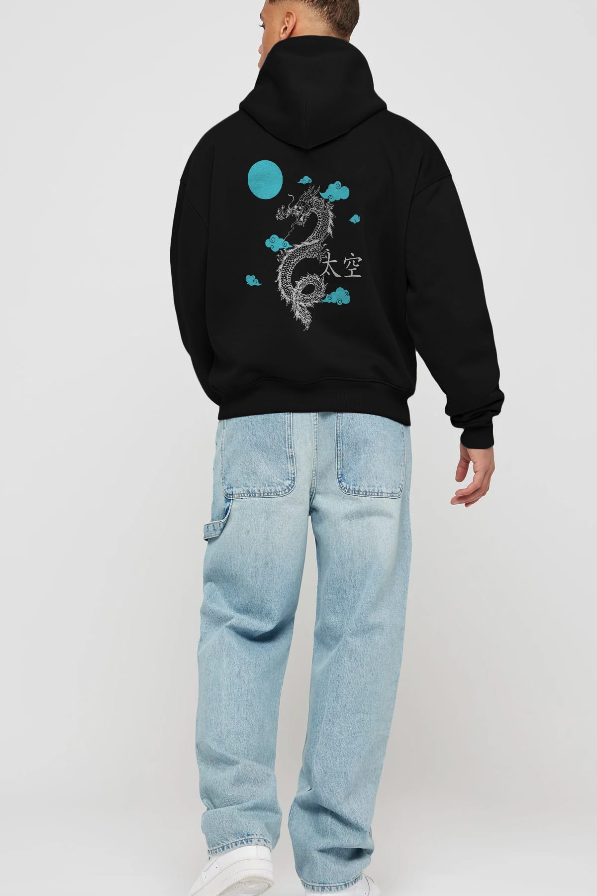 Chinese Dragon Arka Baskılı Oversize Hoodie Kapüşonlu Sweatshirt Erkek Kadın Unisex