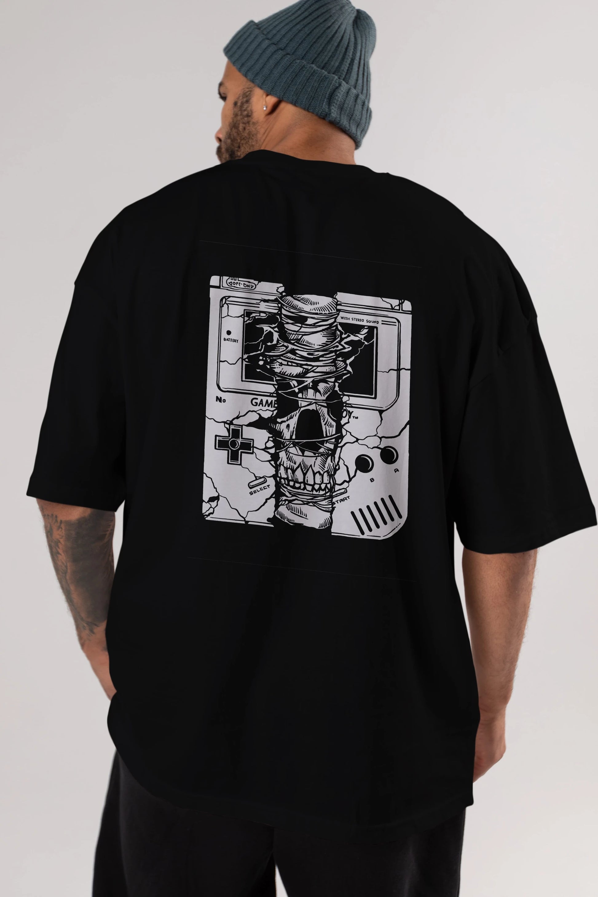 Gameboy Skull Arka Baskılı Oversize t-shirt Erkek Kadın Unisex %100 Pamuk
