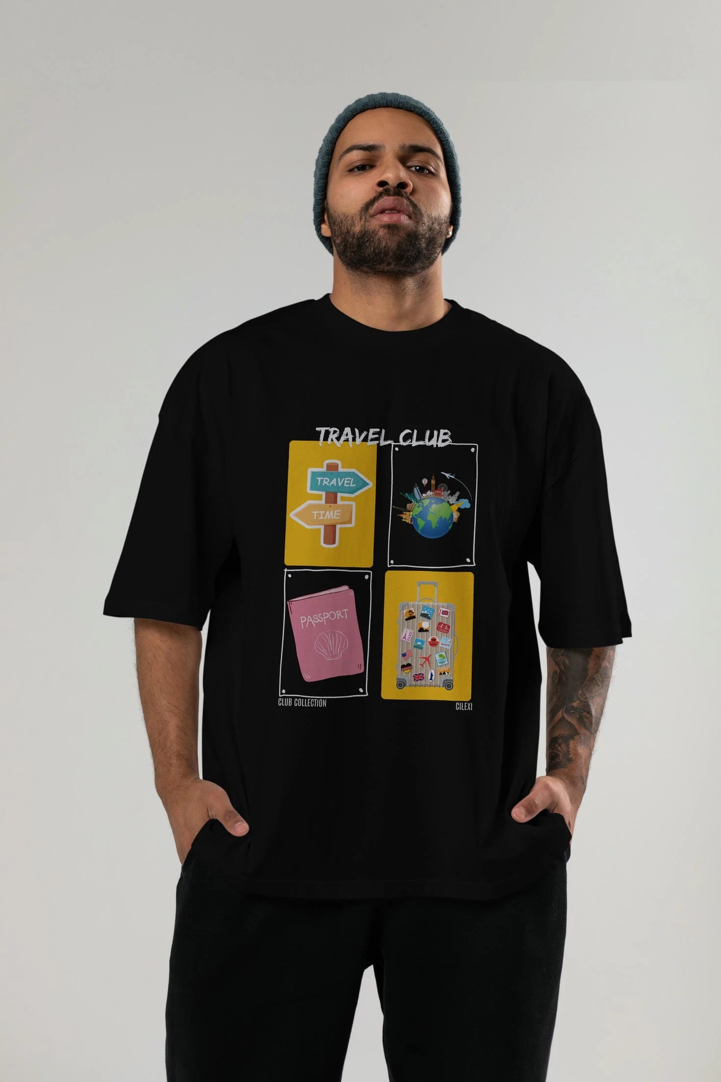 Travel Club ön Baskılı Oversize t-shirt Erkek Kadın %100 Pamuk Bisiklet Yaka tişort