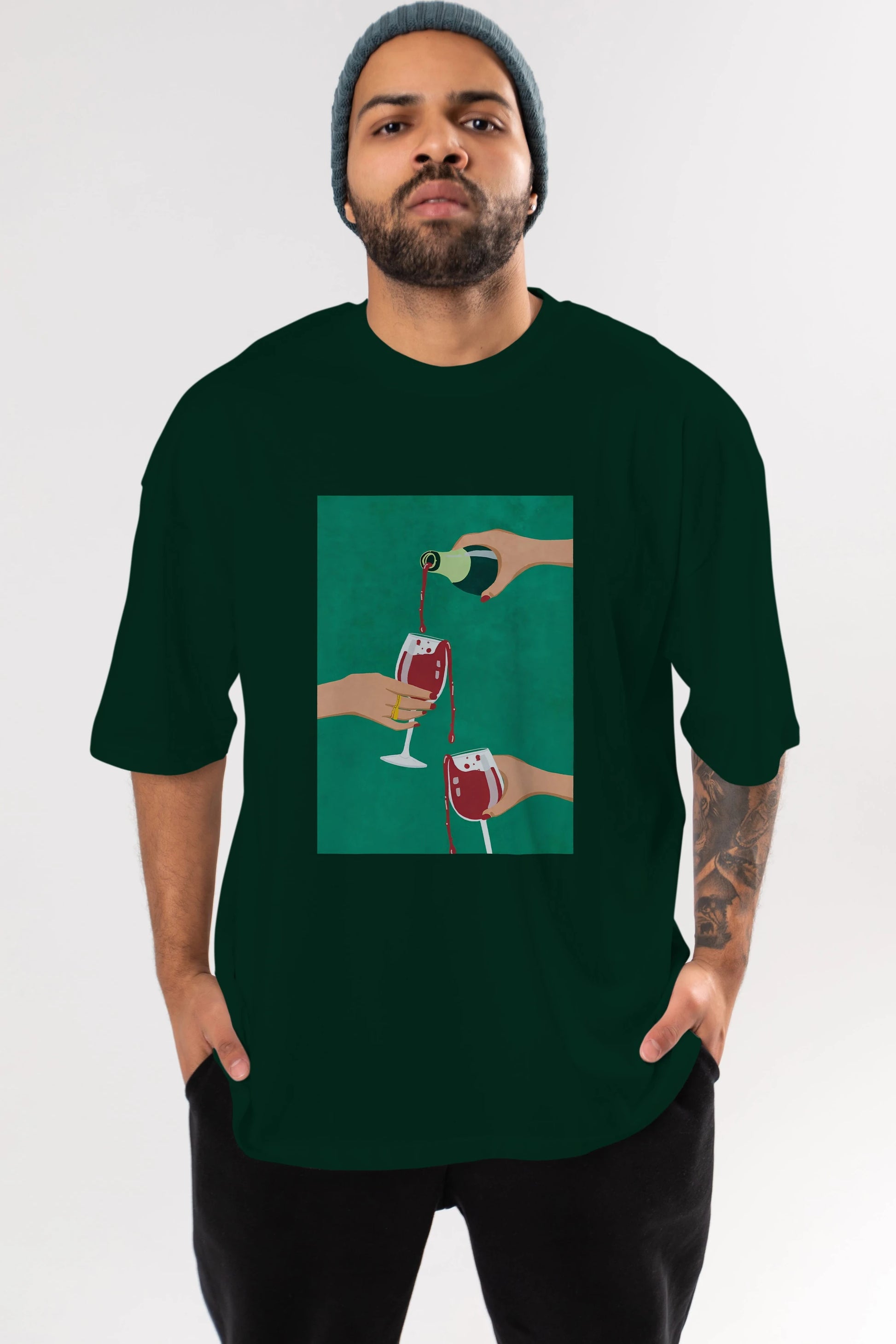Wine 2 Ön Baskılı Oversize t-shirt Erkek Kadın Unisex %100 Pamuk Bisiklet Yaka tişort