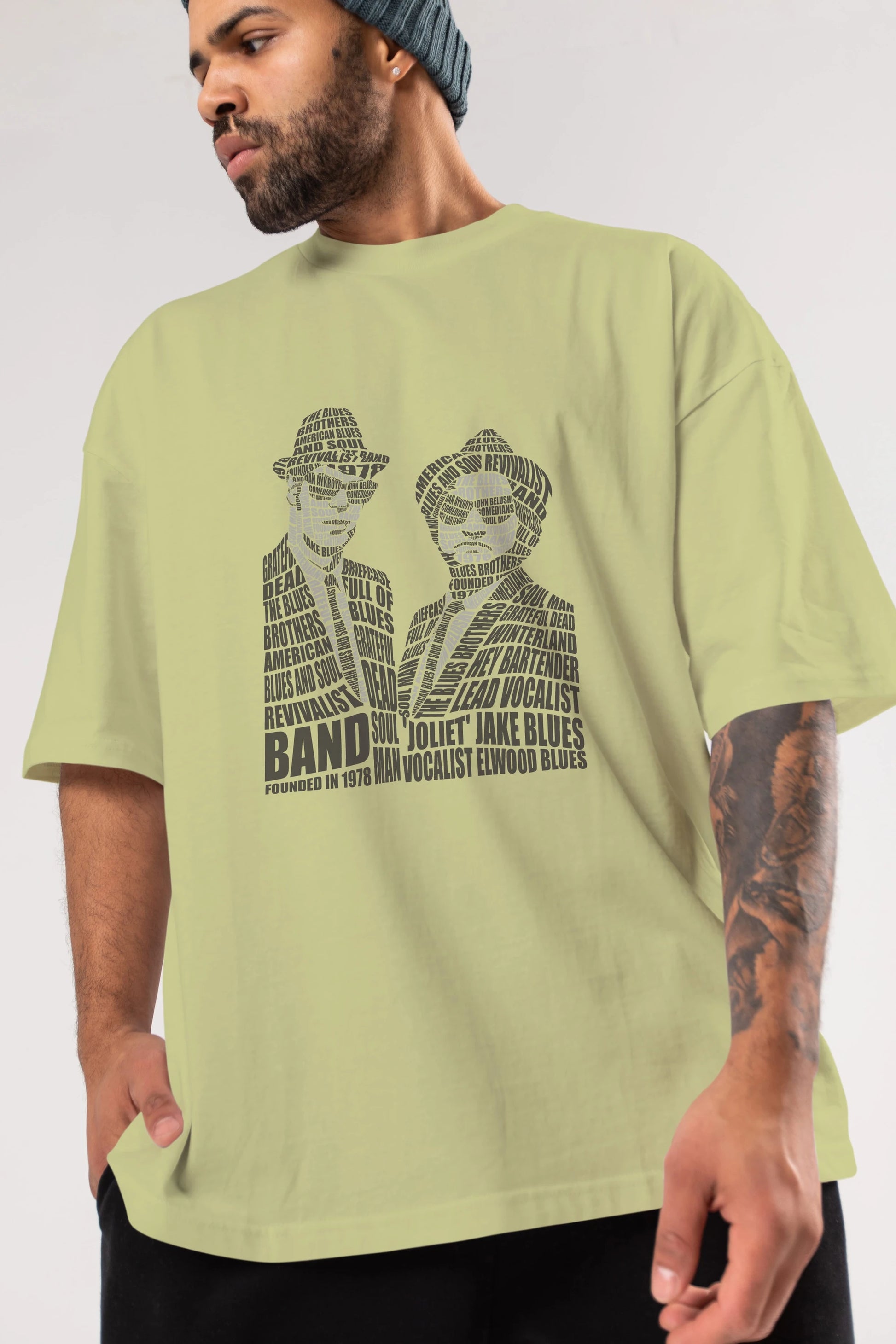 Blues Brothers Calligram Ön Baskılı Oversize t-shirt %100 pamuk Erkek Kadın Unisex