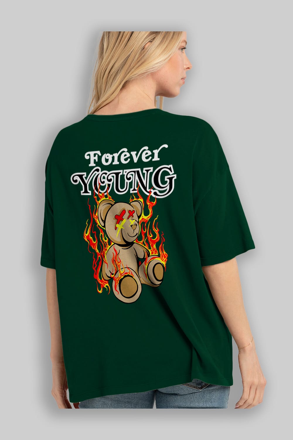 Forever Young Bear Arka Baskılı Oversize t-shirt Erkek Kadın Unisex