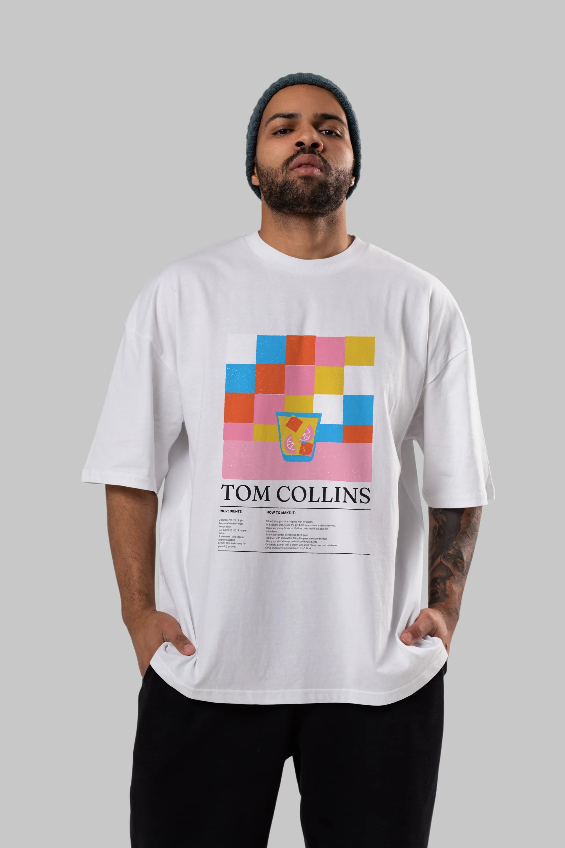 Tom Collins Kokteyl Ön Baskılı Oversize t-shirt Erkek Kadın %100 Pamuk Bisiklet Yaka tişort