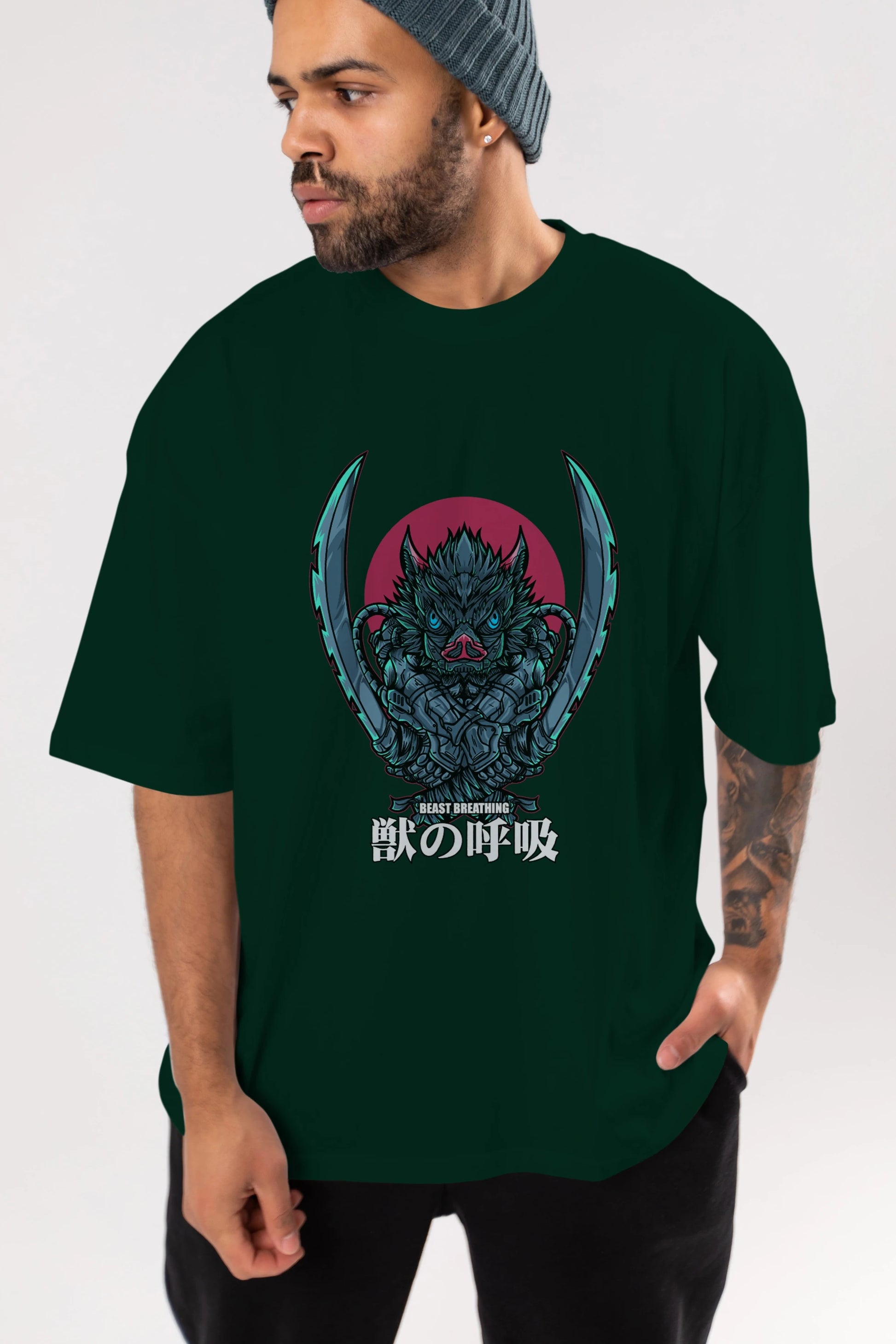 Inosuke DEMON SLAYER Anime Ön Baskılı Oversize t-shirt %100 pamuk Erkek Kadın Unisex