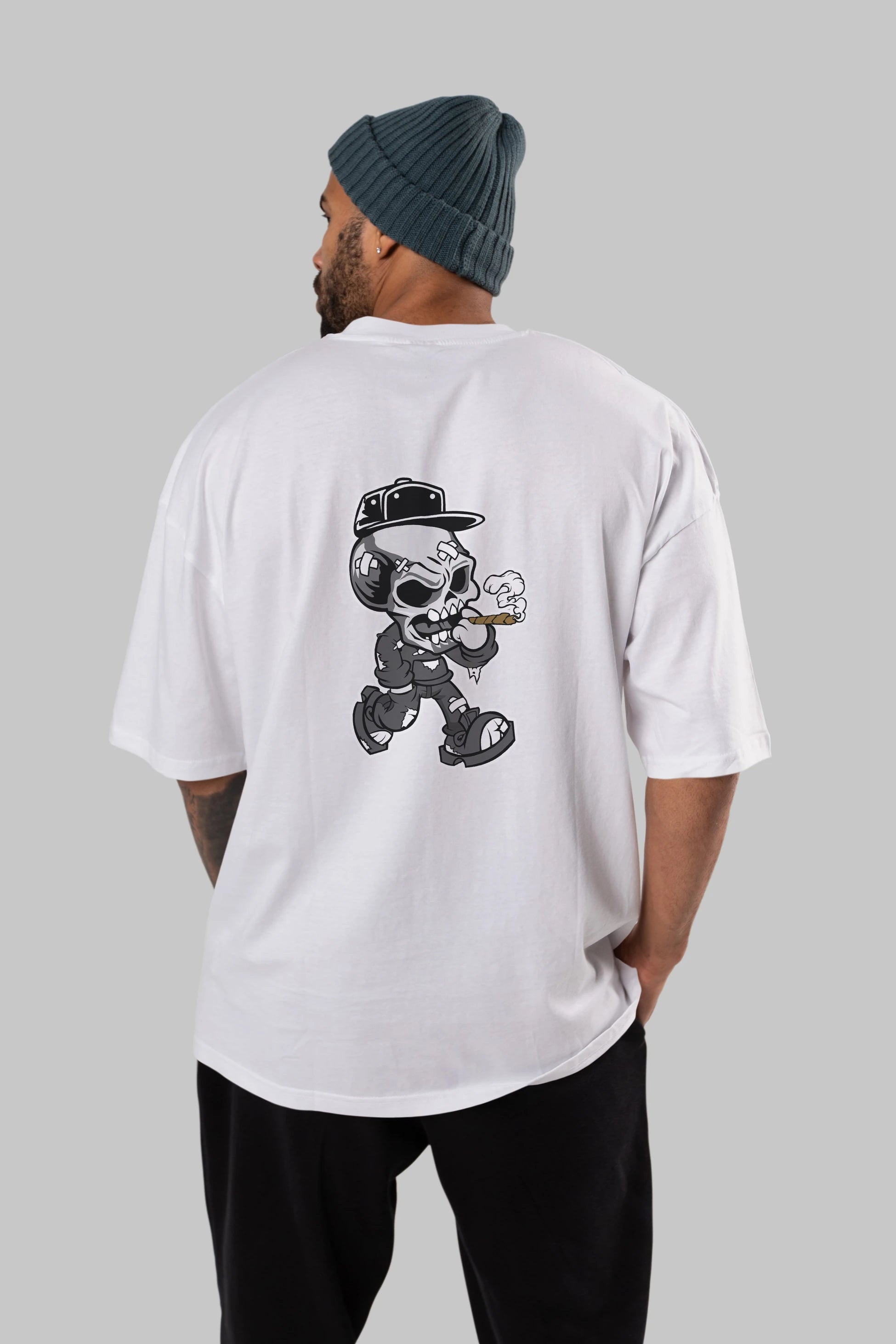 Skull Smoker Arka Baskılı Oversize t-shirt Erkek Kadın Unisex %100 Pamuk tişort