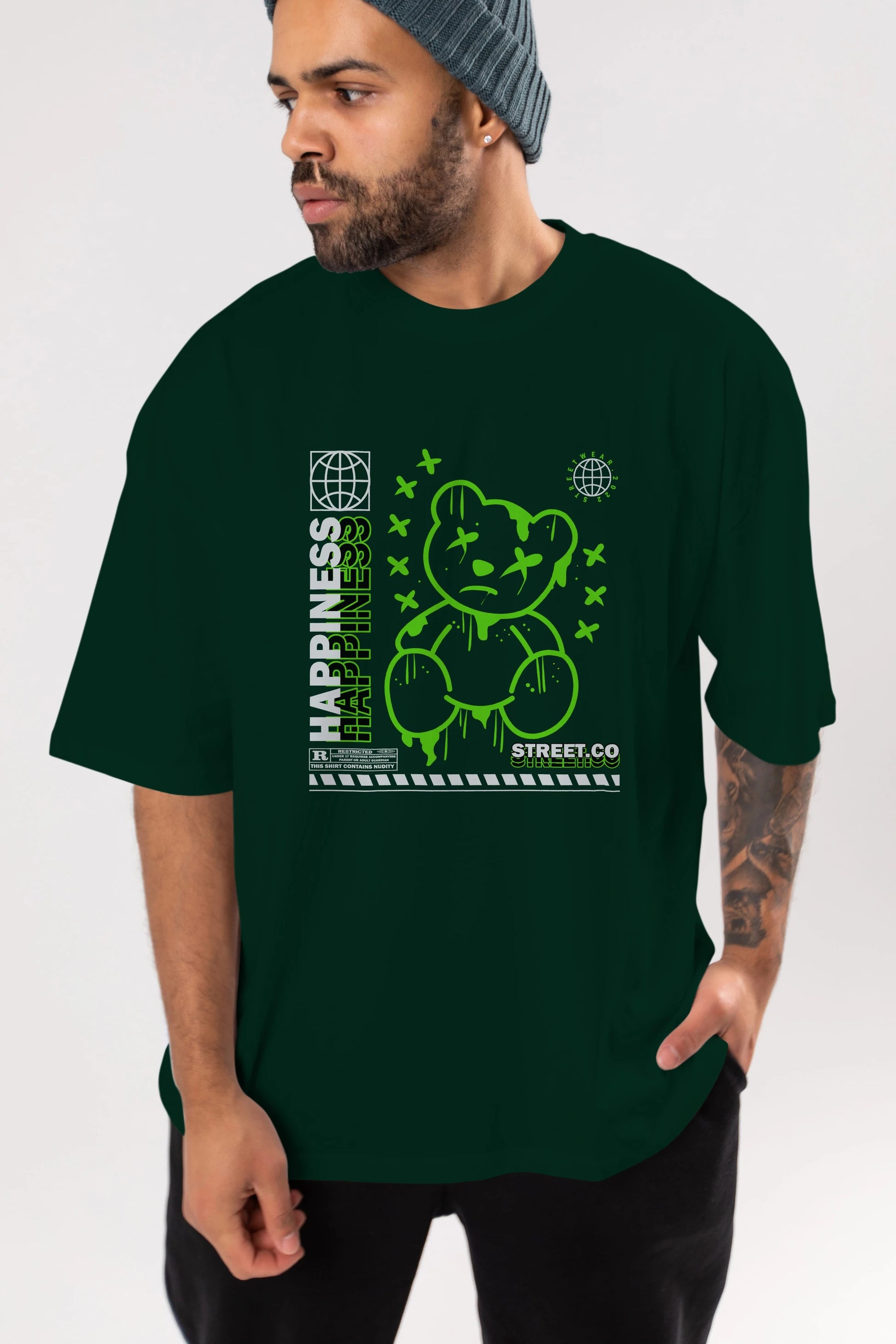 Happiness Bear 3 Ön Baskılı Oversize t-shirt Erkek Kadın Unisex