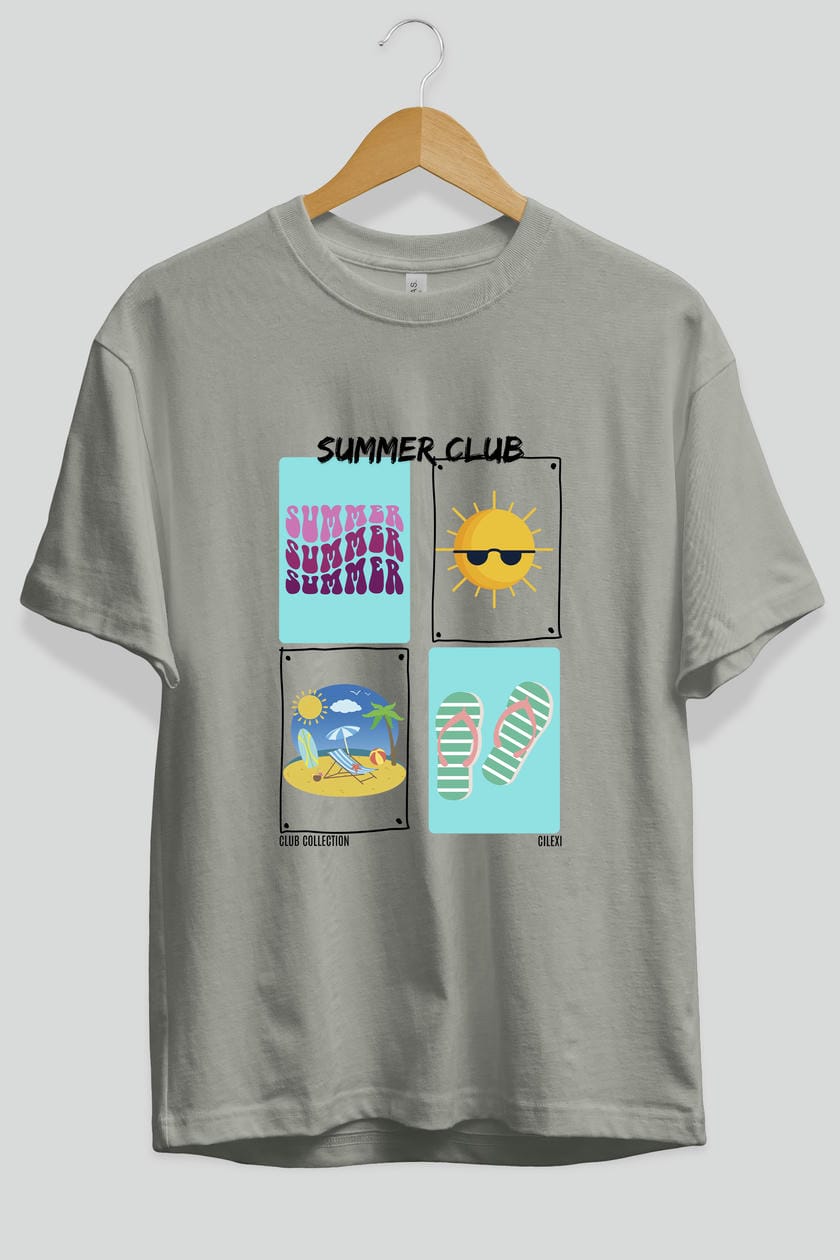 Summer Club ön Baskılı Oversize t-shirt Erkek Kadın %100 Pamuk Bisiklet Yaka tişort