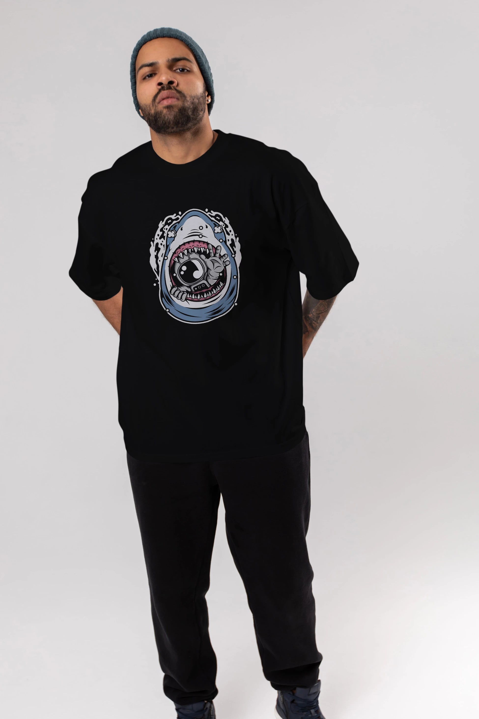 Astronaut Shark Ön Baskılı Oversize t-shirt Erkek Kadın Unisex