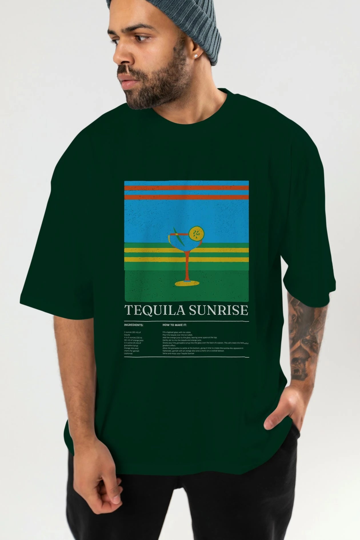 Tequila Sunrise Kokteyl Ön Baskılı Oversize t-shirt Erkek Kadın %100 Pamuk Bisiklet Yaka tişort