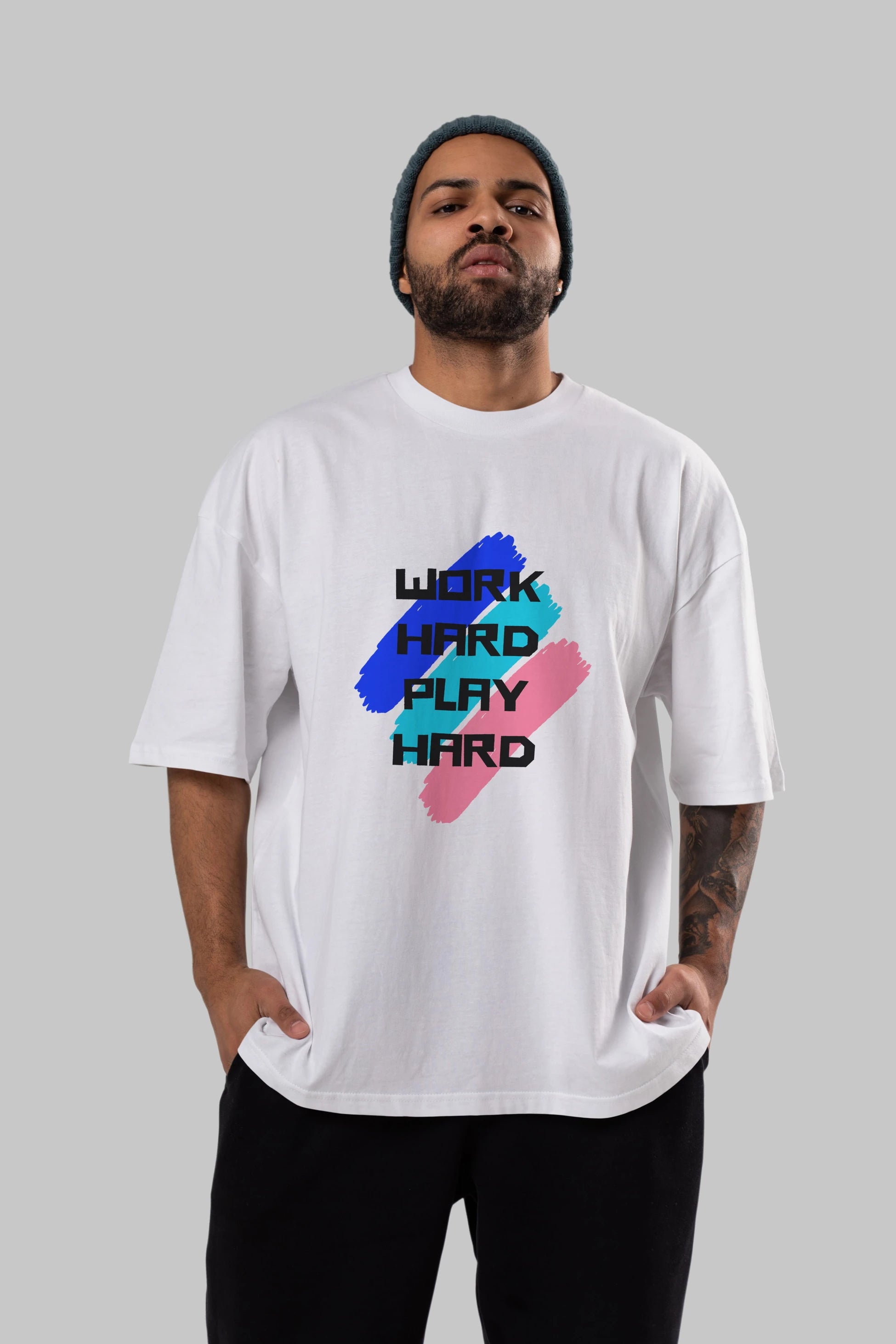 Work Hard Play Hard 2 Ön Baskılı Oversize t-shirt Erkek Kadın Unisex