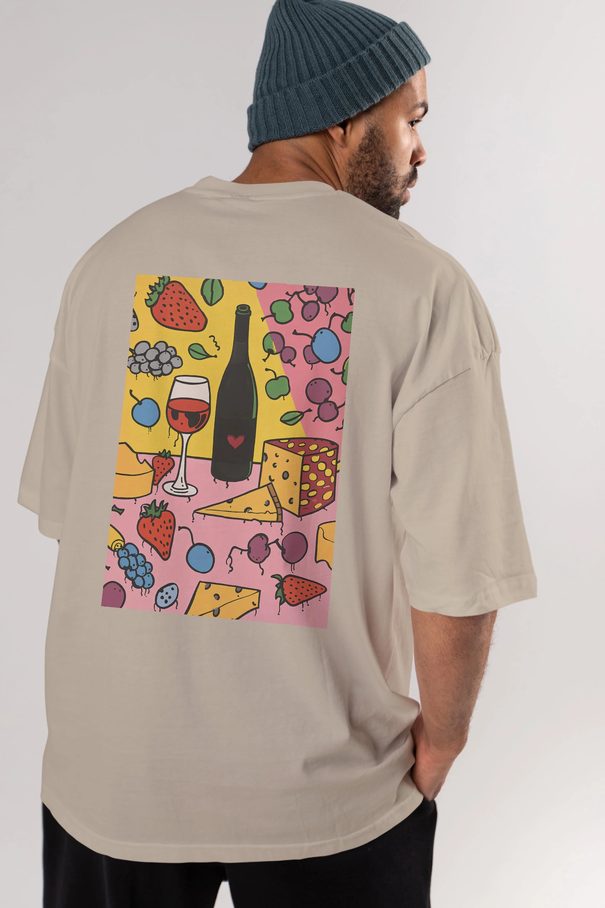Wine Cheese Fruits Arka Baskılı Oversize t-shirt Erkek Kadın Unisex %100 Pamuk Bisiklet Yaka tişort