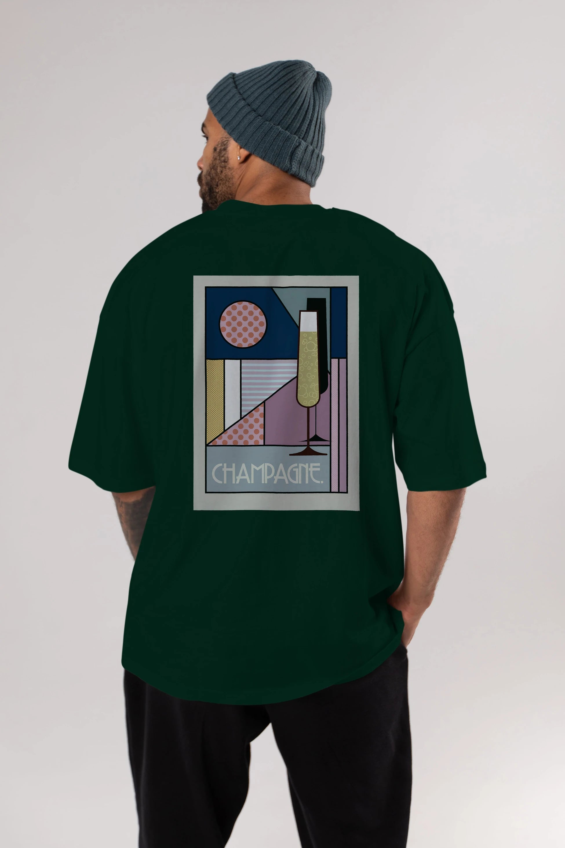 Champagne Arka Baskılı Oversize t-shirt Erkek Kadın Unisex %100 Pamuk Bisiklet Yaka tişort