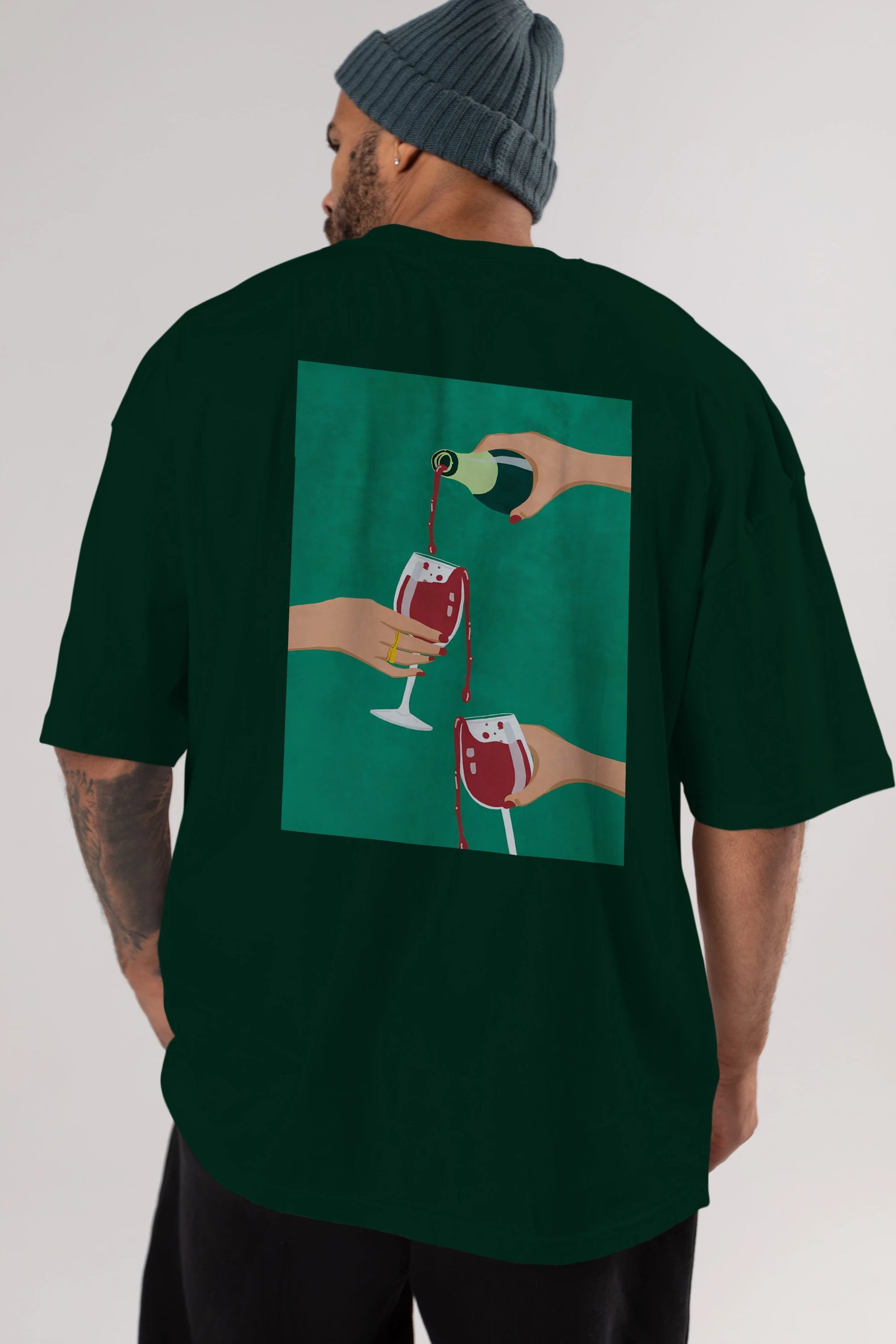 Wine 2 Arka Baskılı Oversize t-shirt Erkek Kadın Unisex %100 Pamuk Bisiklet Yaka tişort