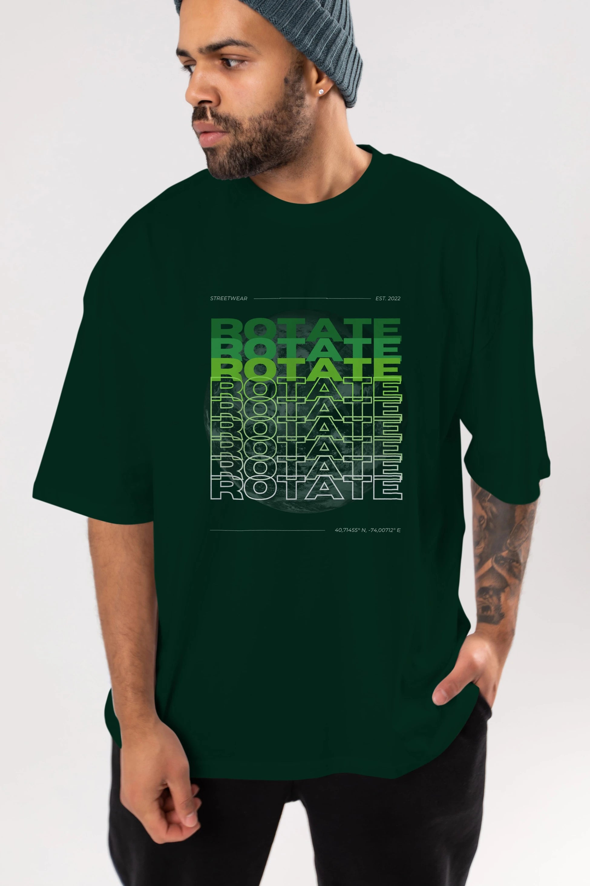 Rotate Yazılı Ön Baskılı Oversize t-shirt Erkek Kadın Unisex