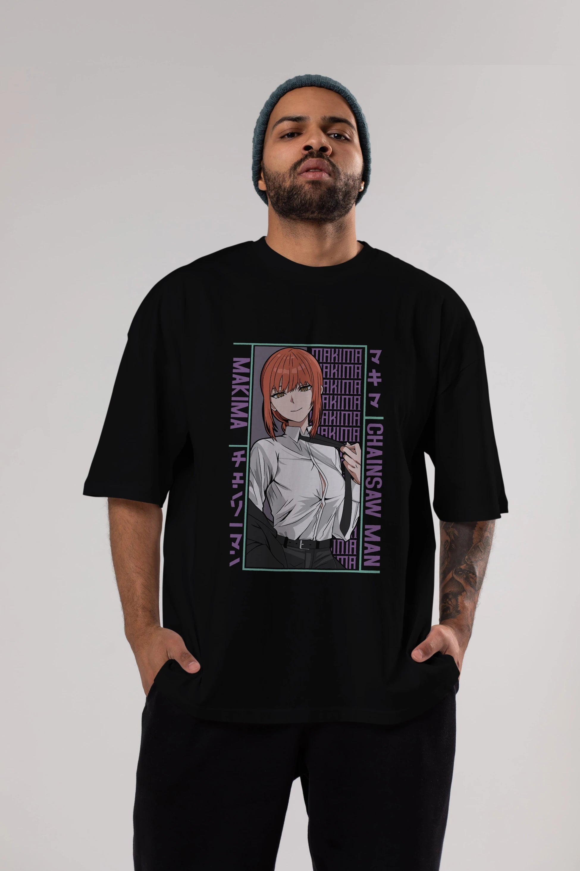 Makima Chain Saw Man Anime Ön Baskılı Oversize t-shirt %100 pamuk Erkek Kadın Unisex