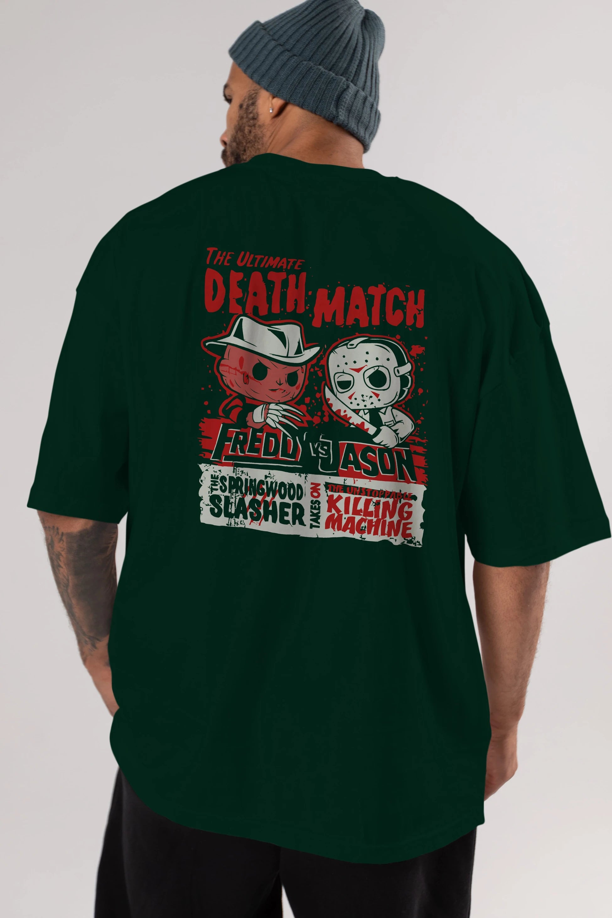 Freddy vs Jason Arka Baskılı Oversize t-shirt Erkek Kadın Unisex %100 Pamuk Bisiklet Yaka tişort