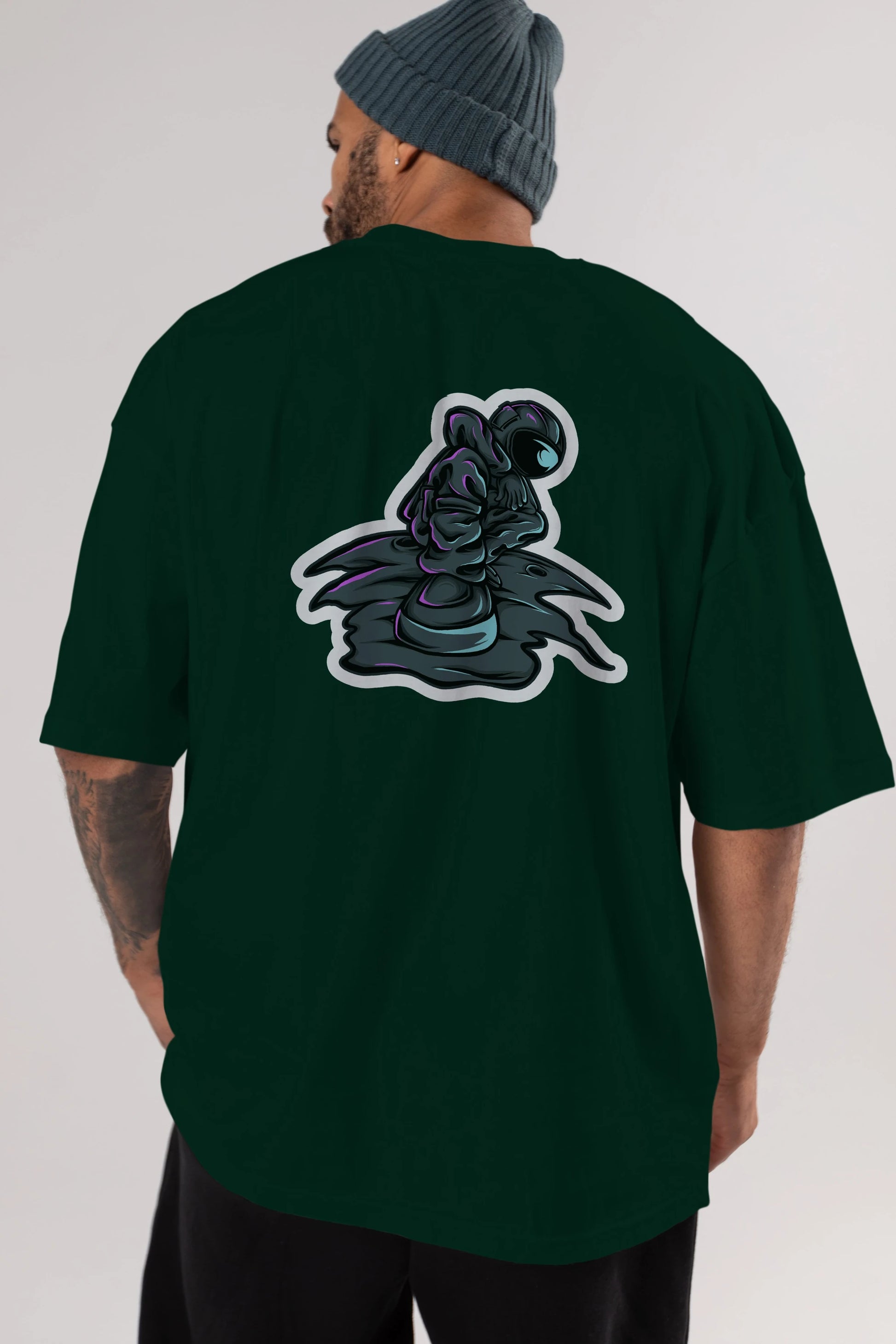 Stylish Astronaut Sticker Arka Baskılı Oversize t-shirt Erkek Kadın Unisex