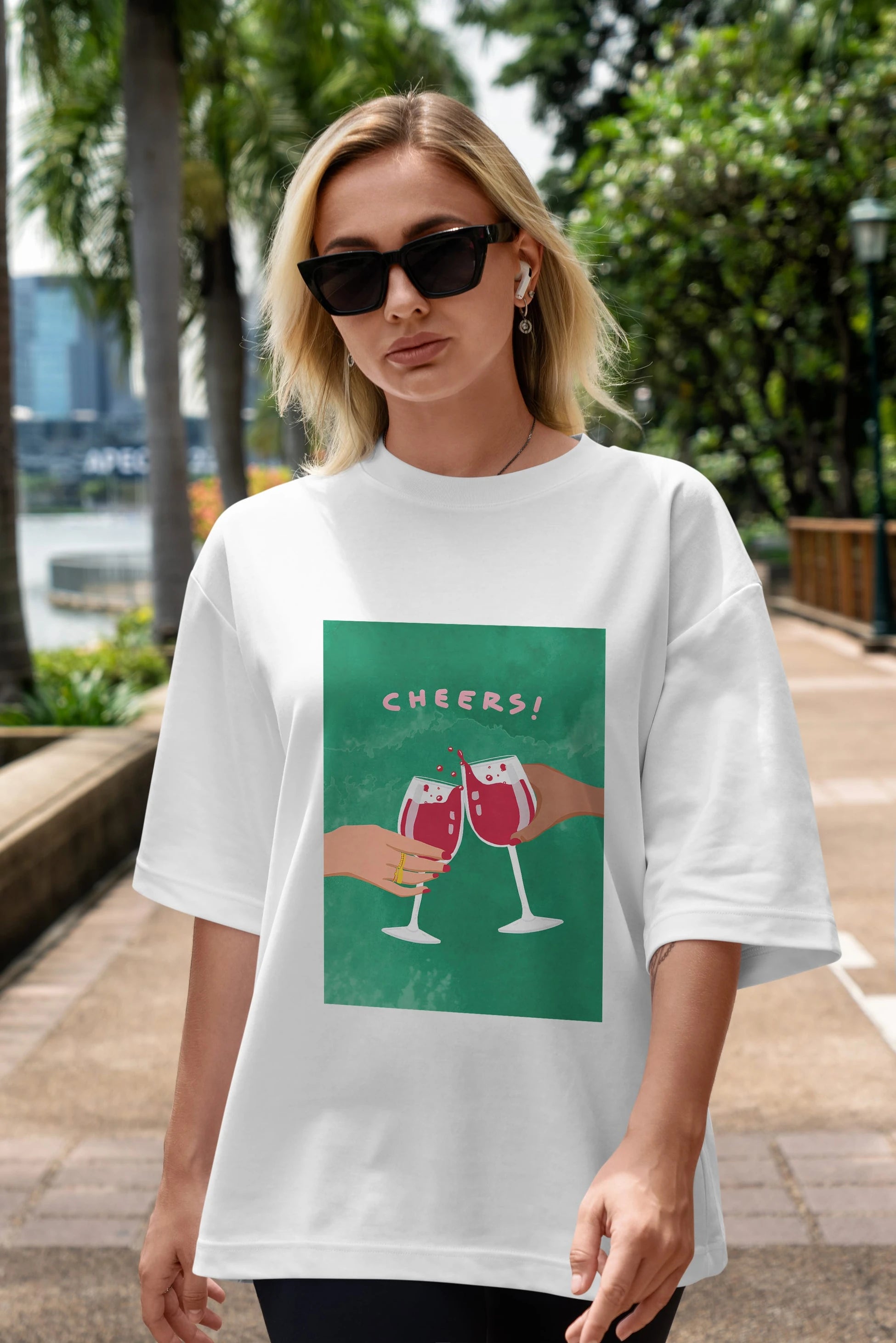 Cheers Ön Baskılı Oversize t-shirt Erkek Kadın Unisex %100 Pamuk Bisiklet Yaka tişort