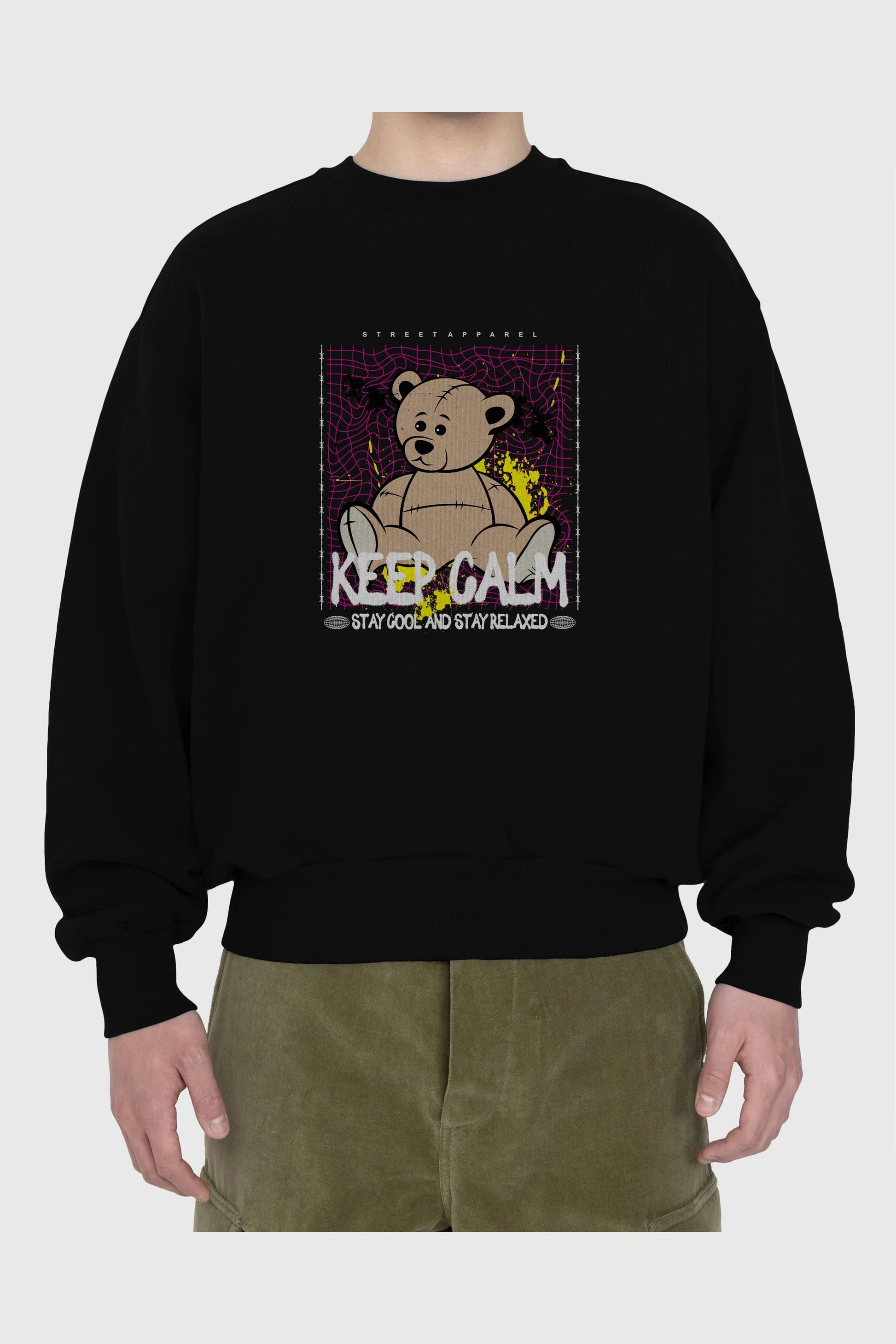 Keep Calm Bear Ön Baskılı Oversize Sweatshirt Erkek Kadın Unisex