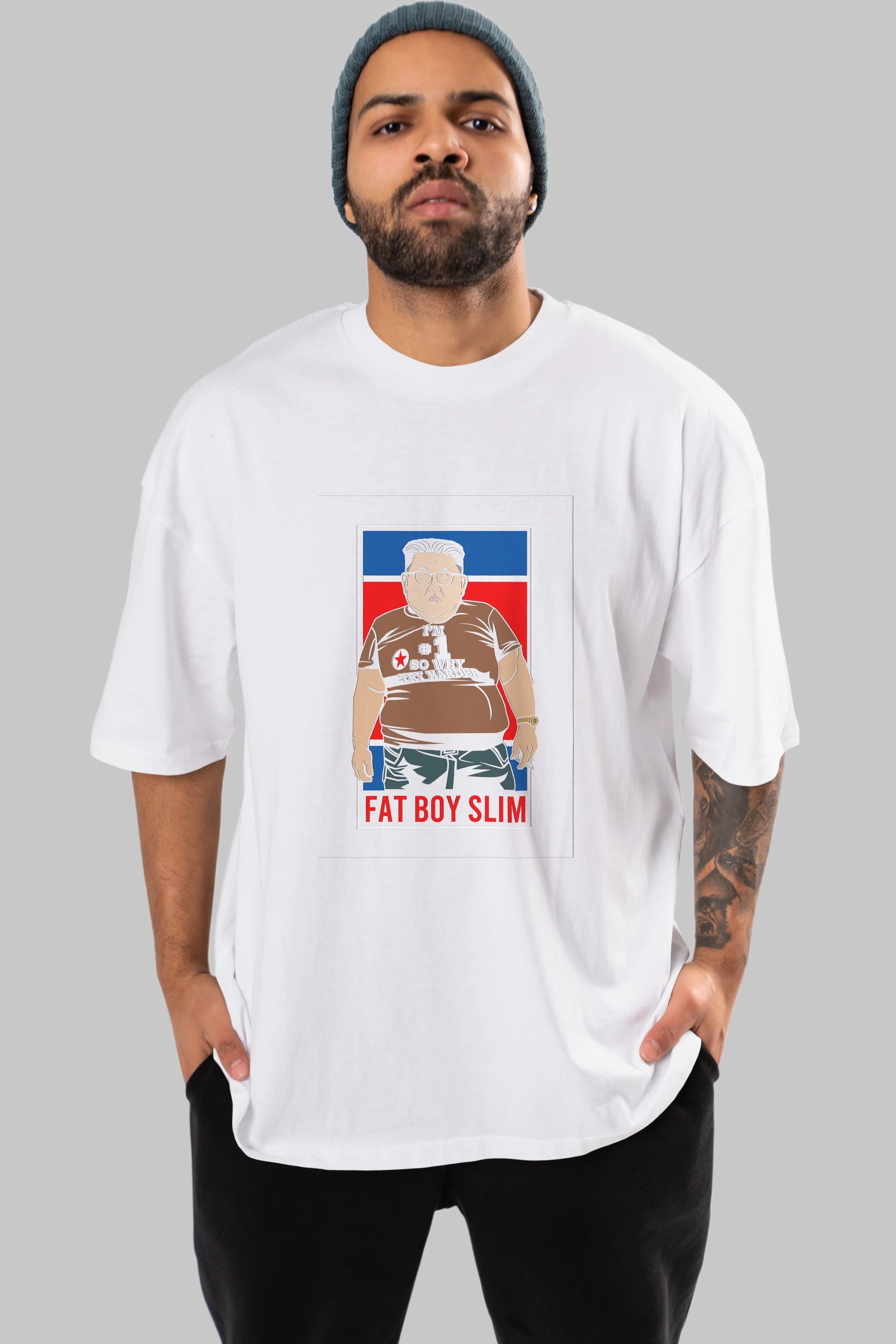 Fat Boy Slim Kim Jong Un Ön Baskılı Oversize t-shirt Erkek Kadın Unisex %100 Pamuk tişort