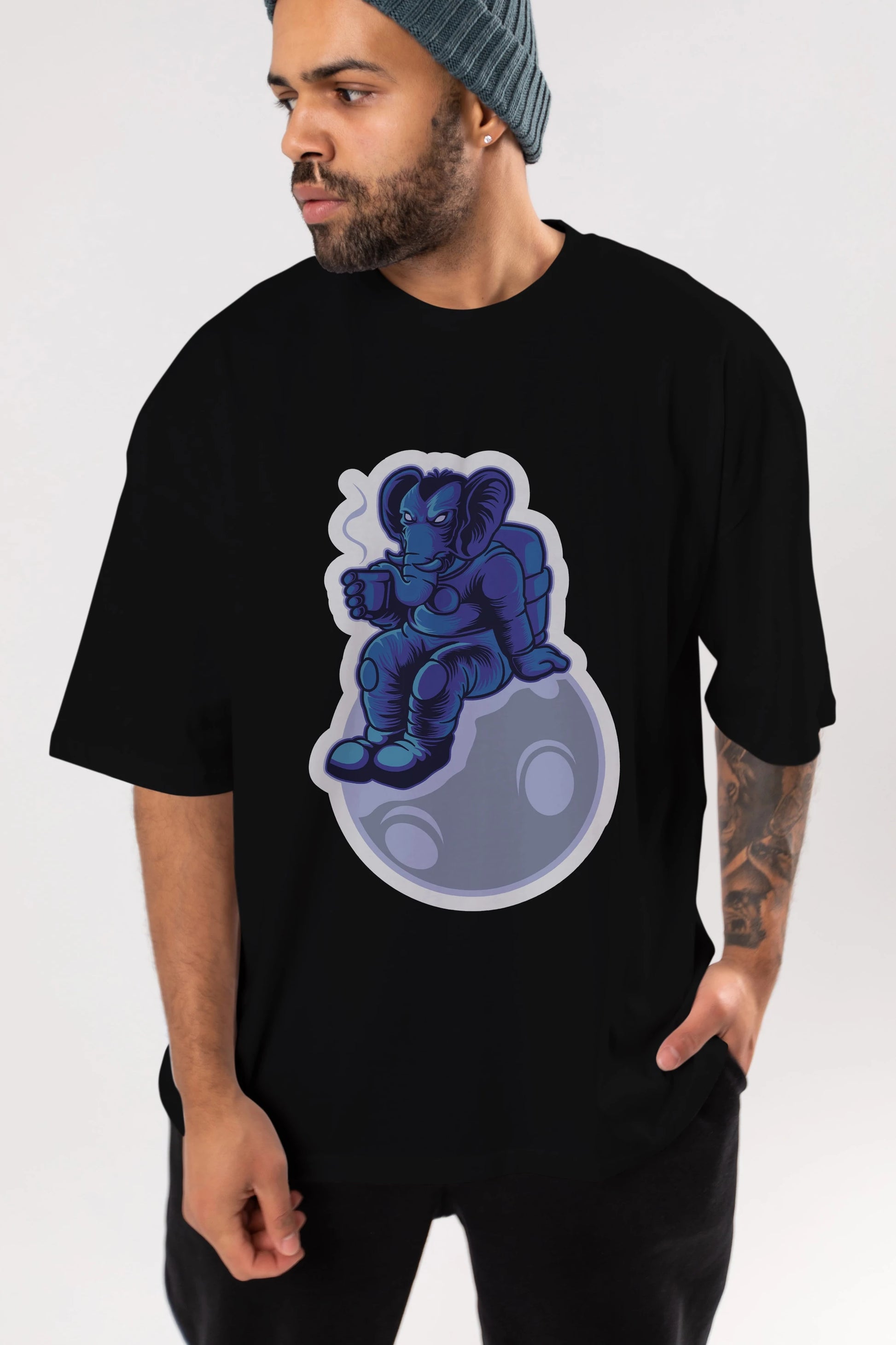 Space Elephant Drink Coffee Sticker Ön Baskılı Oversize t-shirt Erkek Kadın Unisex