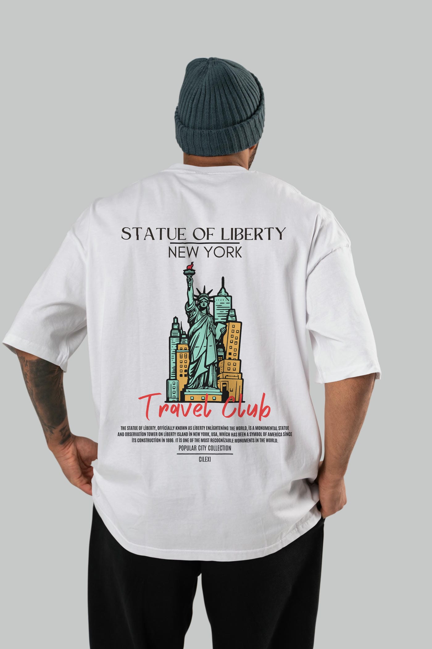 Statue Of Liberty New York Arka Baskılı Oversize t-shirt Erkek Kadın Pamuk Bisiklet Yaka tişort