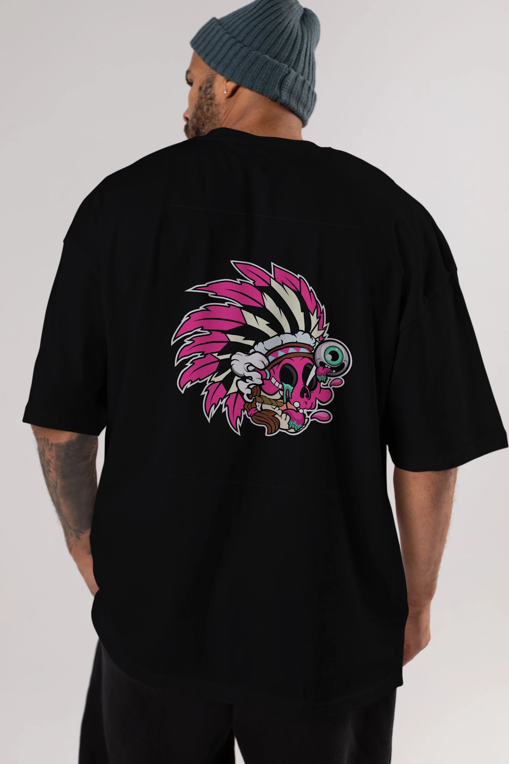 Skull Indian Arka Baskılı Oversize t-shirt Erkek Kadın Unisex %100 Pamuk tişort