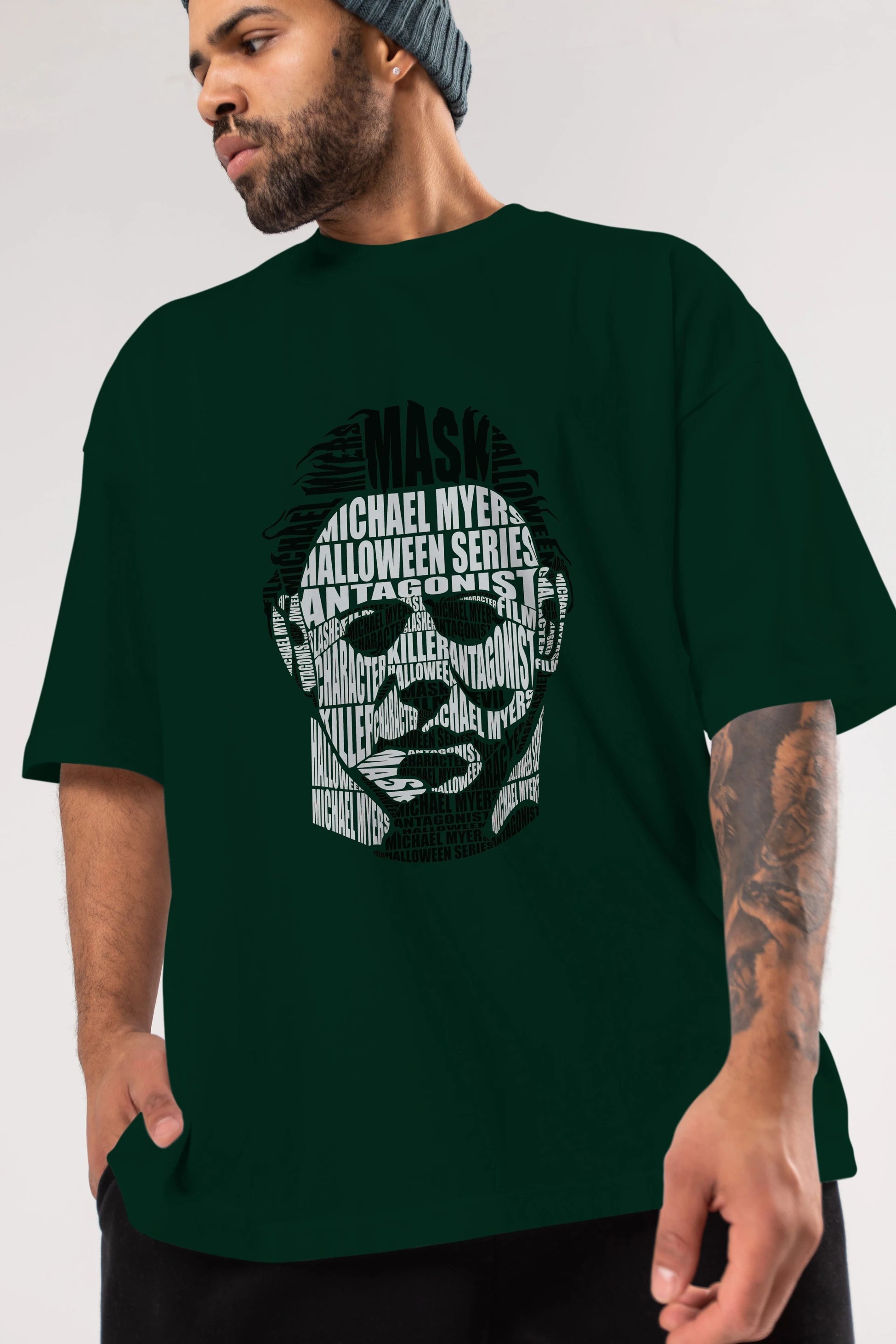 Michael Myers Calligram Ön Baskılı Oversize t-shirt %100 pamuk Erkek Kadın Unisex