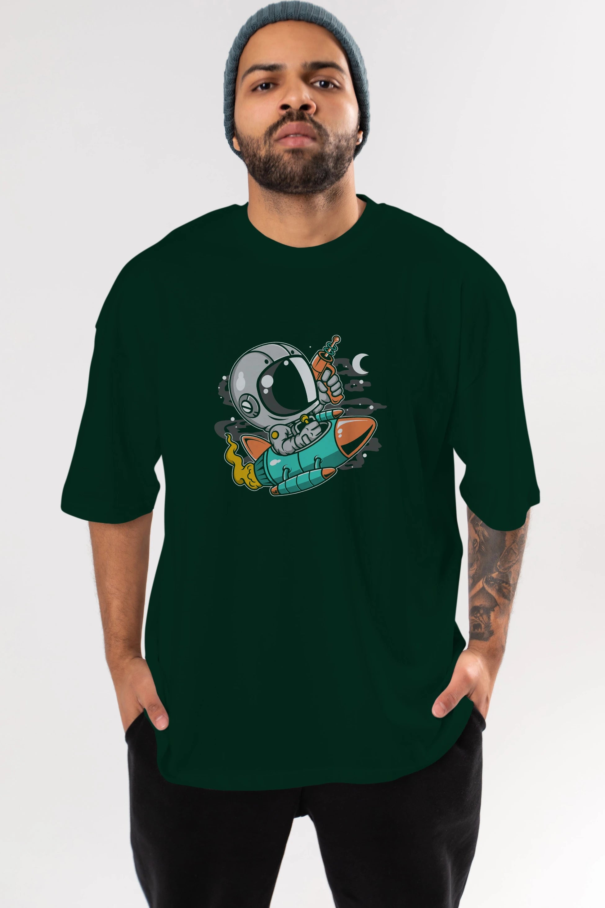Astronaut Riding Rocket Ön Baskılı Oversize t-shirt Erkek Kadın Unisex
