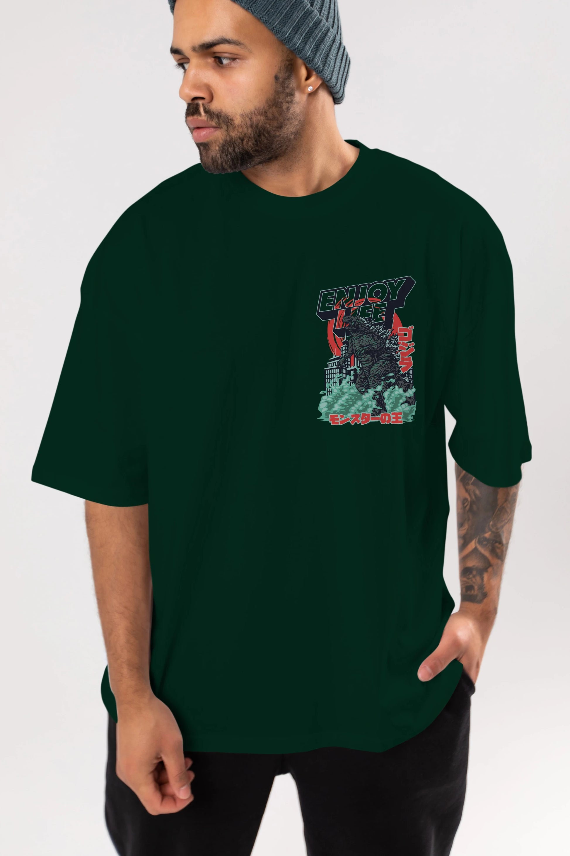 Godzilla Ön Sol Baskılı Oversize t-shirt Erkek Kadın Unisex %100 Pamuk Bisiklet Yaka tişort