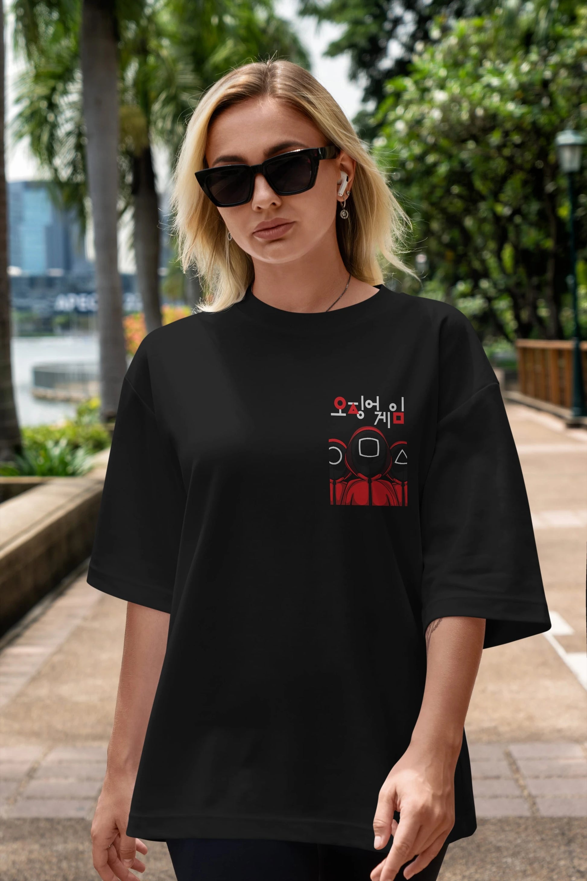 Squid Game (7) Ön Sol Baskılı Oversize t-shirt Erkek Kadın Unisex %100 Pamuk Bisiklet Yaka tişort