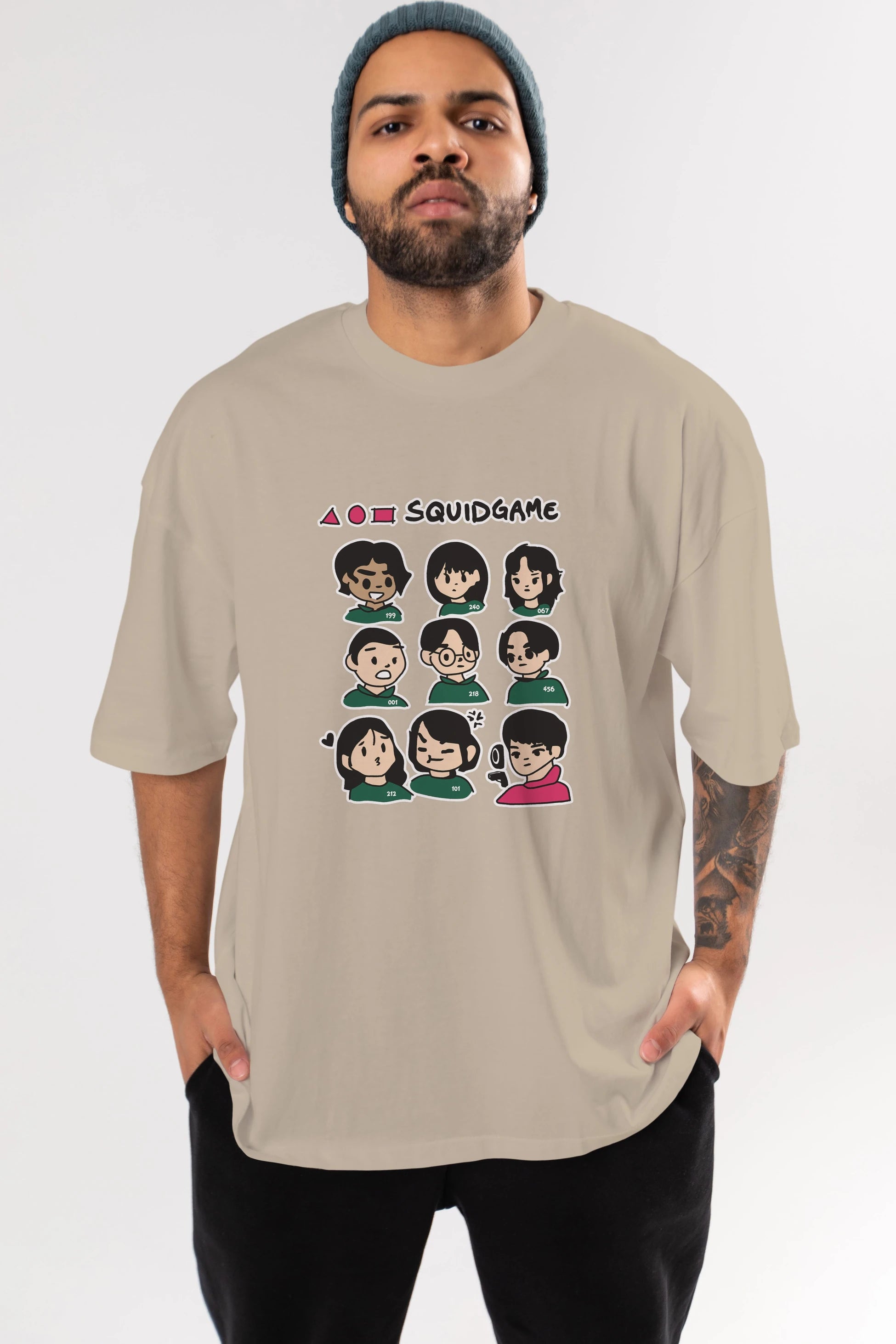 Squid Game (3) Ön Baskılı Oversize t-shirt Erkek Kadın Unisex %100 Pamuk Bisiklet Yaka tişort